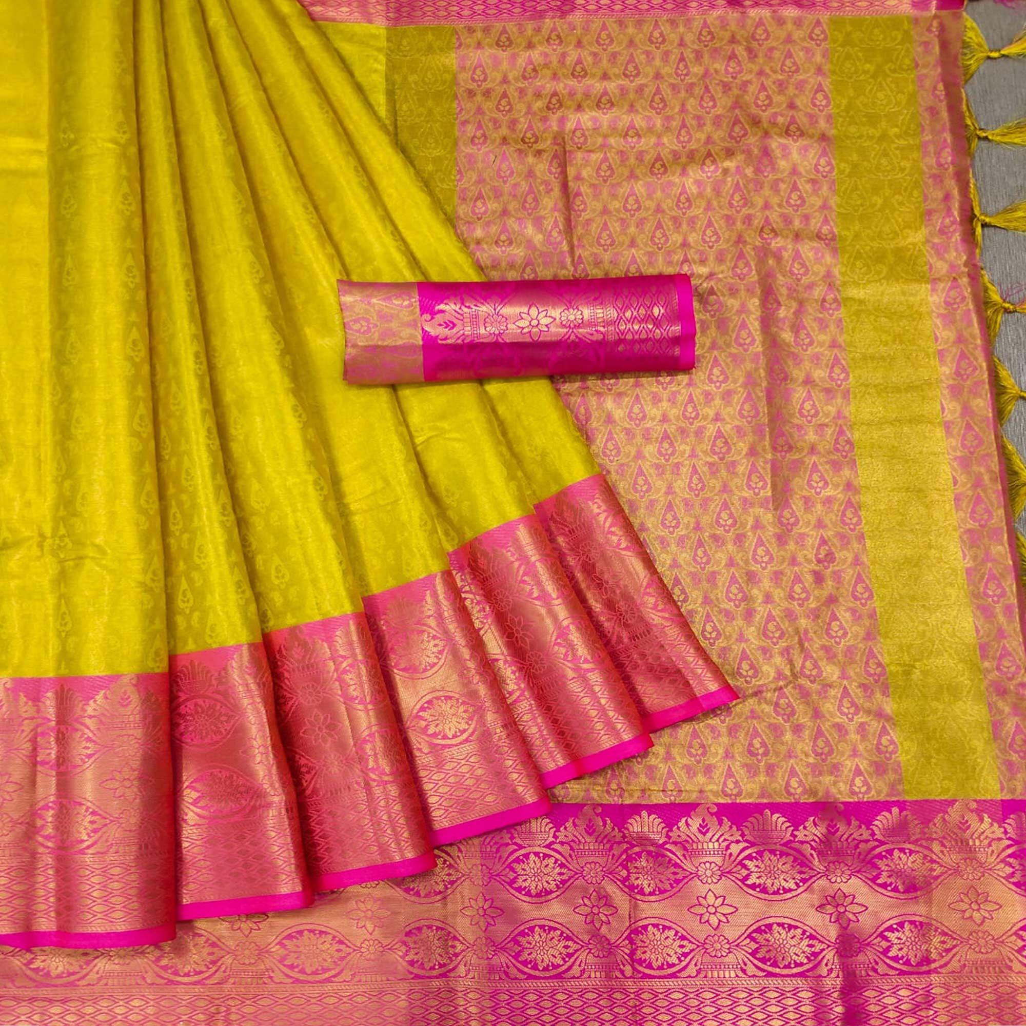 Lemon Yellow Woven Cotton Silk Saree - Peachmode