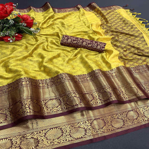 Lemon Yellow Woven Cotton Silk Saree - Peachmode