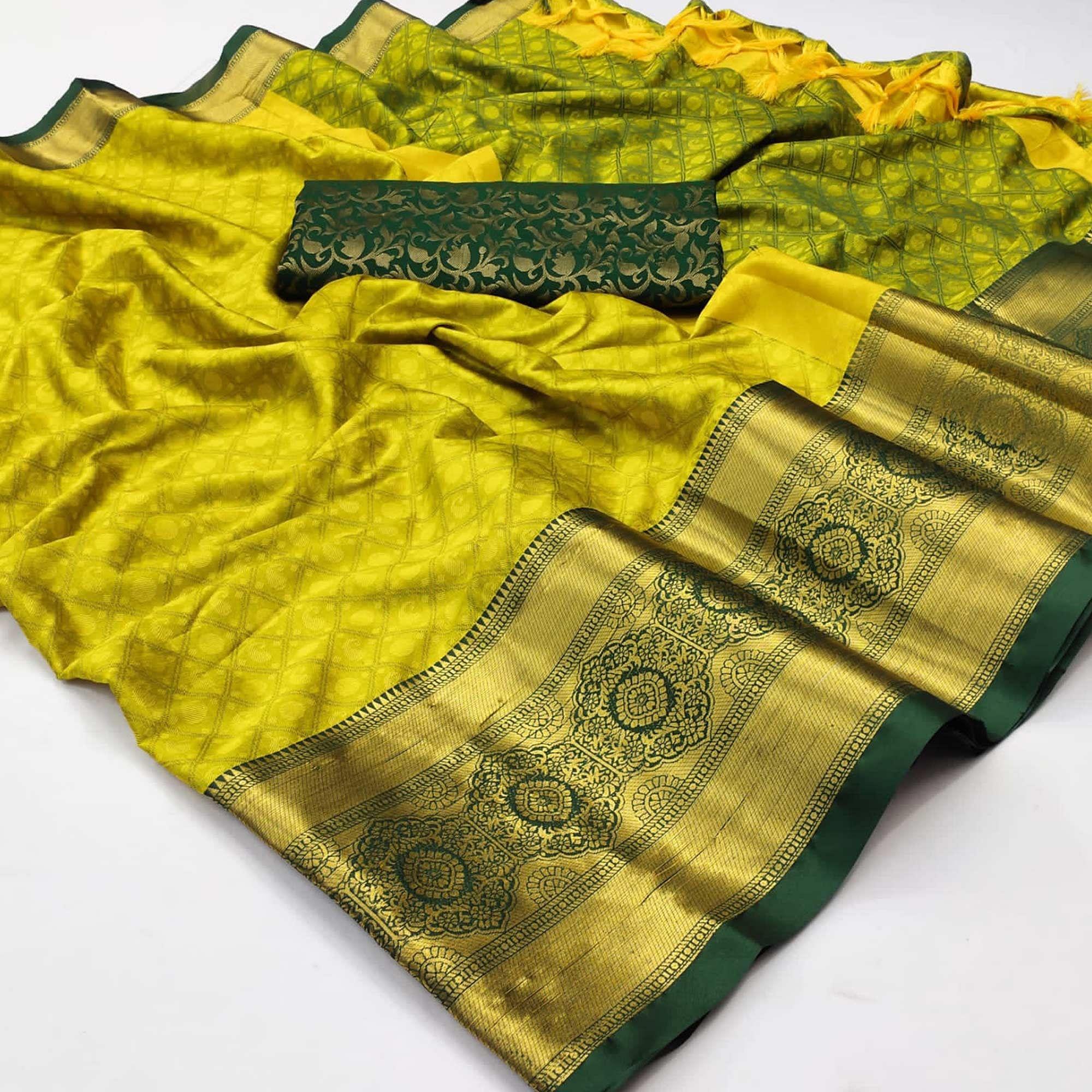 Lemon Yellow Woven Cotton Silk Saree - Peachmode