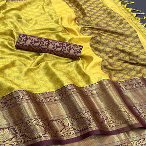 Lemon Yellow Woven Cotton Silk Saree - Peachmode