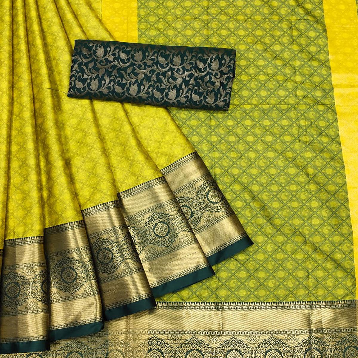 Lemon Yellow Woven Cotton Silk Saree - Peachmode