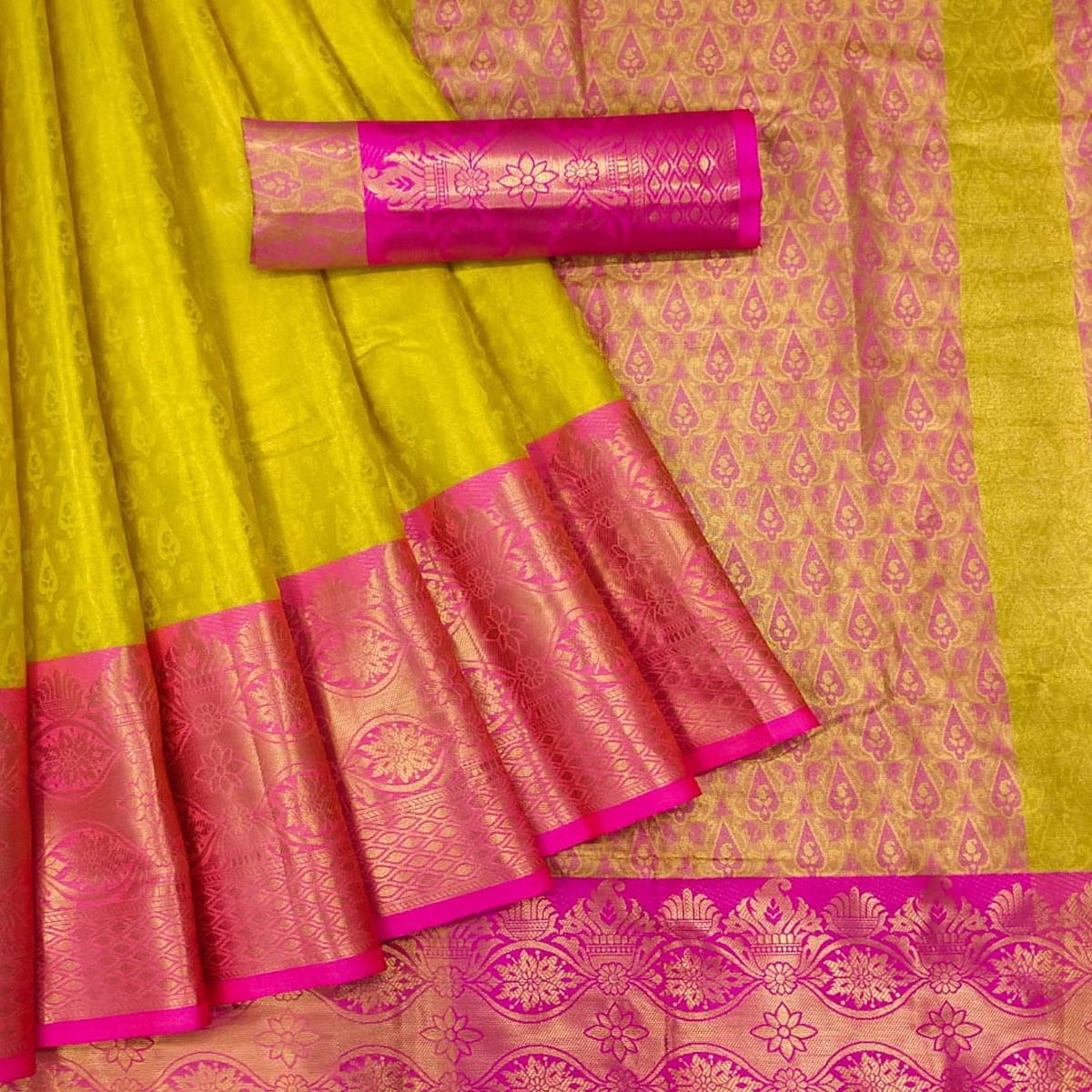 Lemon Yellow Woven Cotton Silk Saree - Peachmode