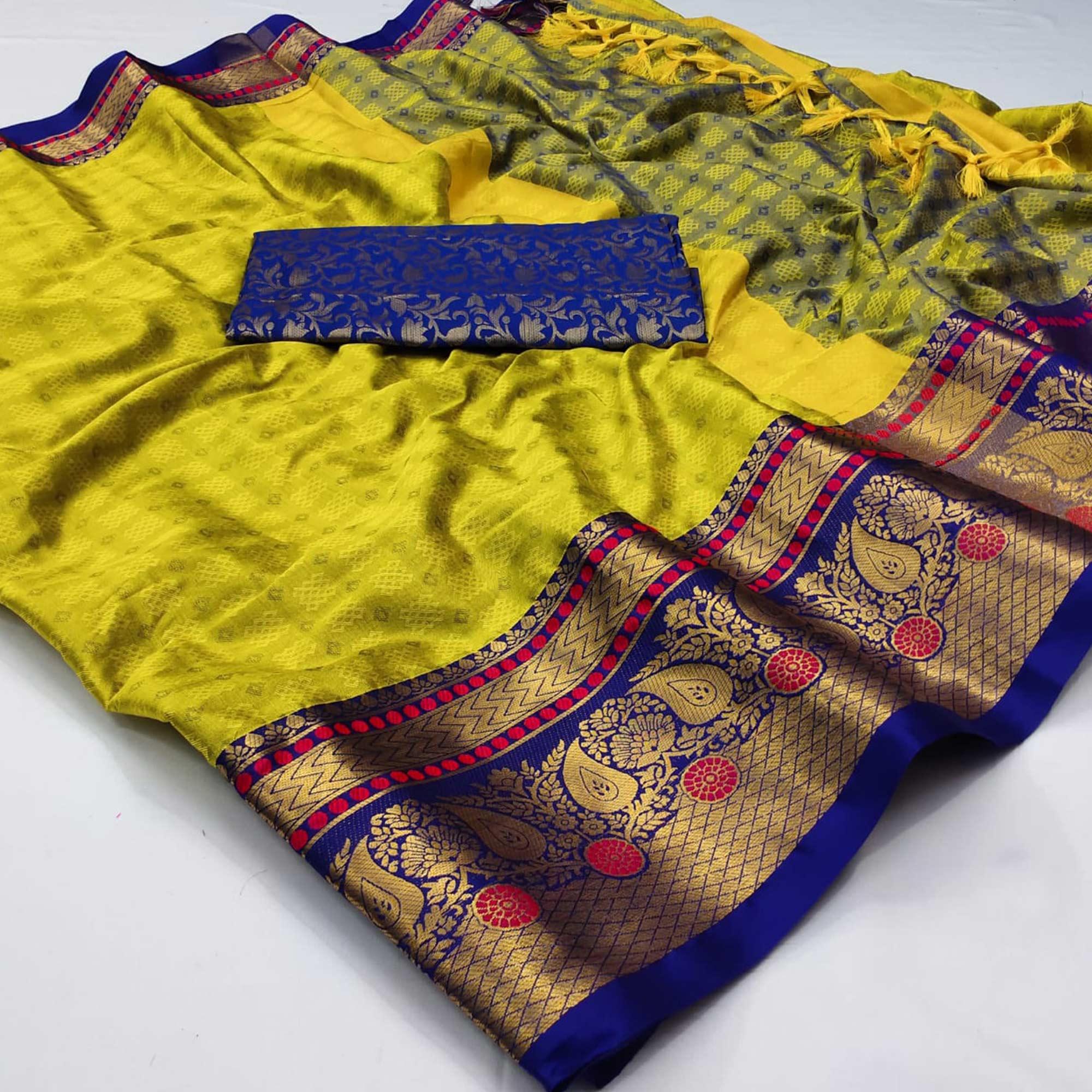 Lemon Yellow Woven Cotton Silk Saree With Tassels - Peachmode