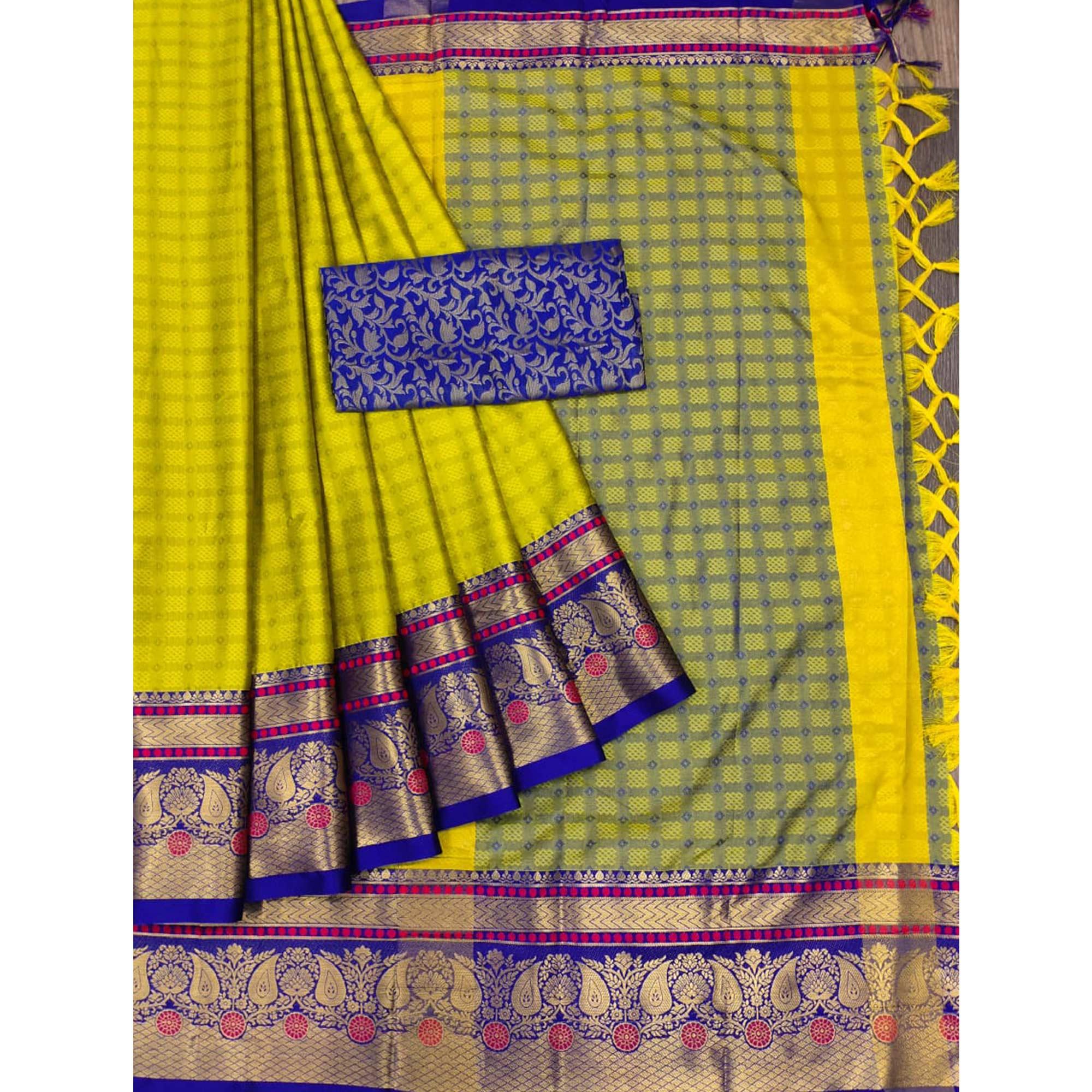 Lemon Yellow Woven Cotton Silk Saree With Tassels - Peachmode