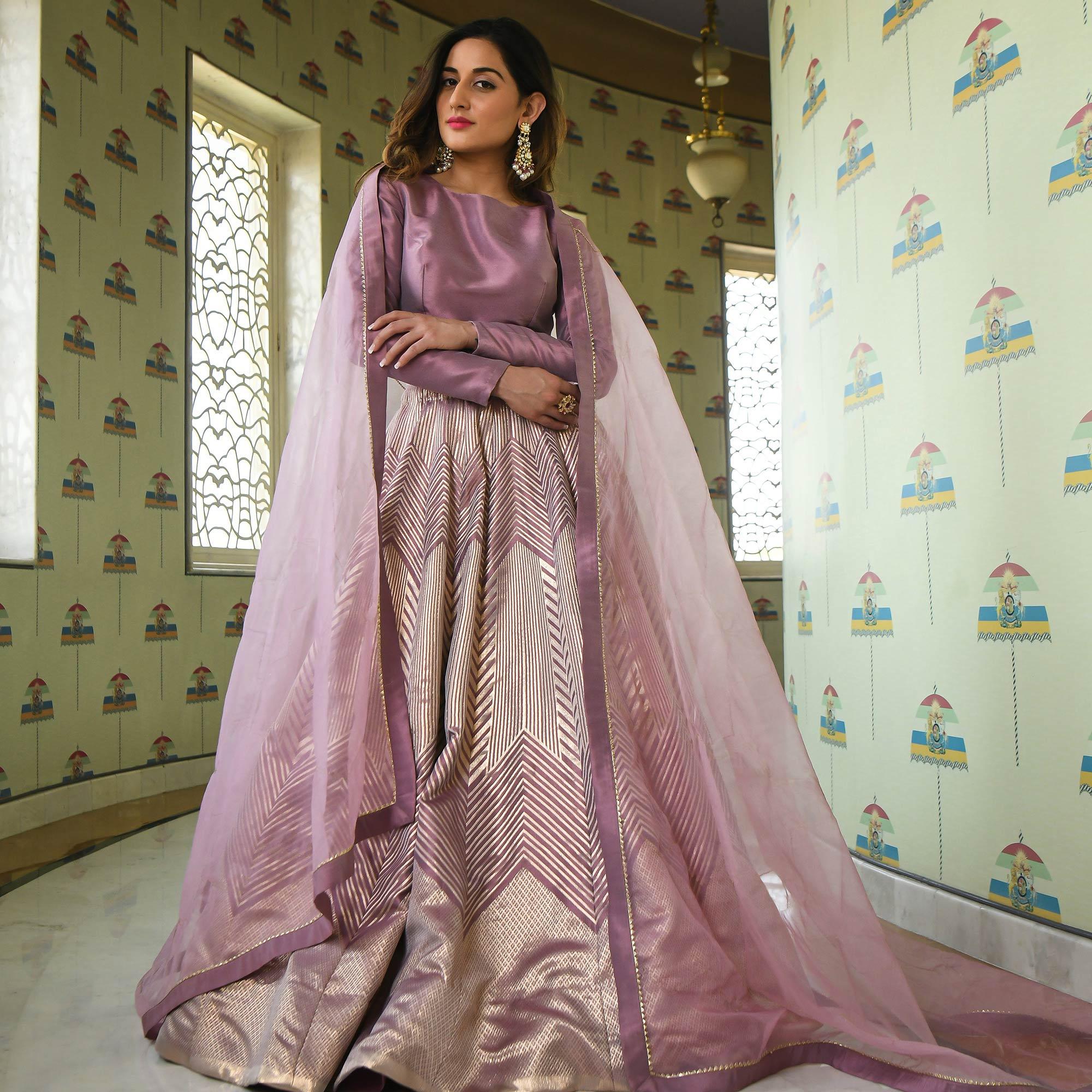 Levender Partywear Woven Zari Jacquard Lehenga Choli - Peachmode