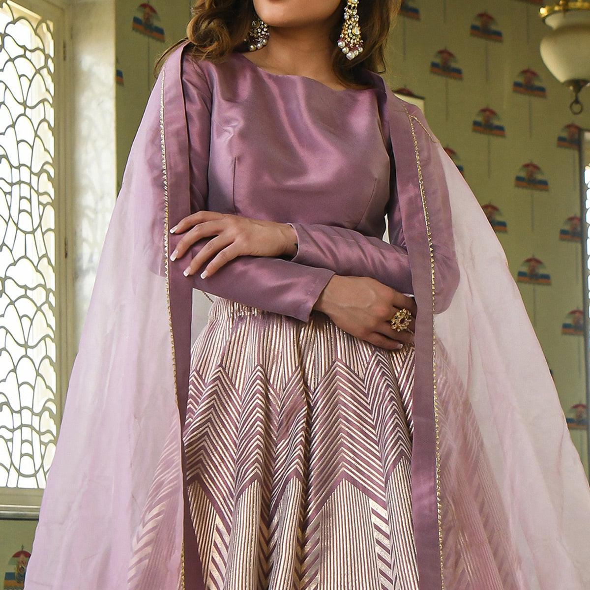 Levender Partywear Woven Zari Jacquard Lehenga Choli - Peachmode