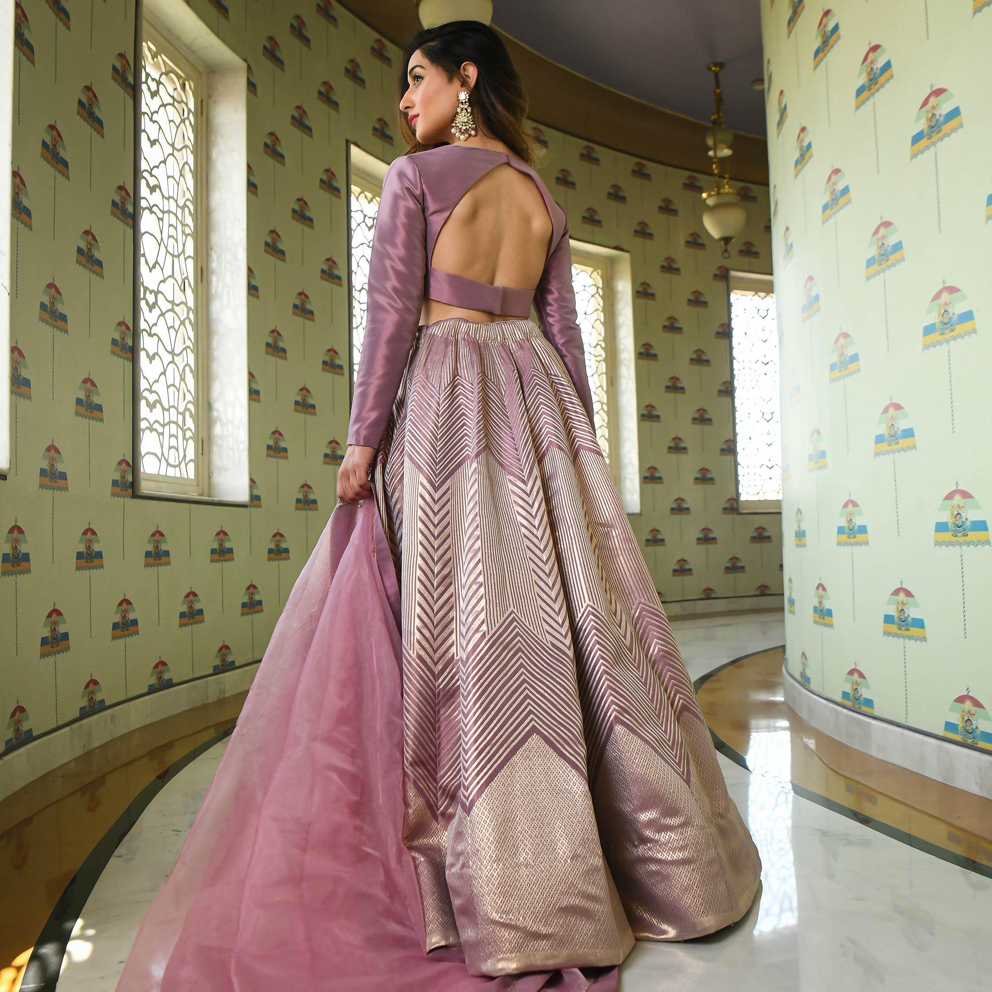 Levender Partywear Woven Zari Jacquard Lehenga Choli - Peachmode