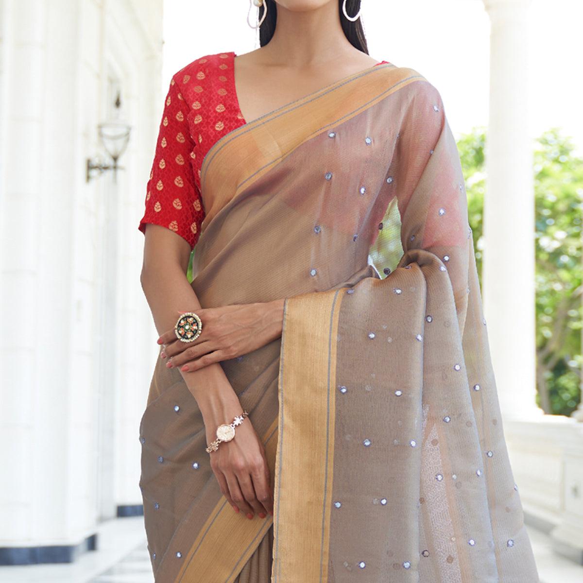 Light Beige Festive Wear Mirror Work Handloom Silk Saree - Peachmode