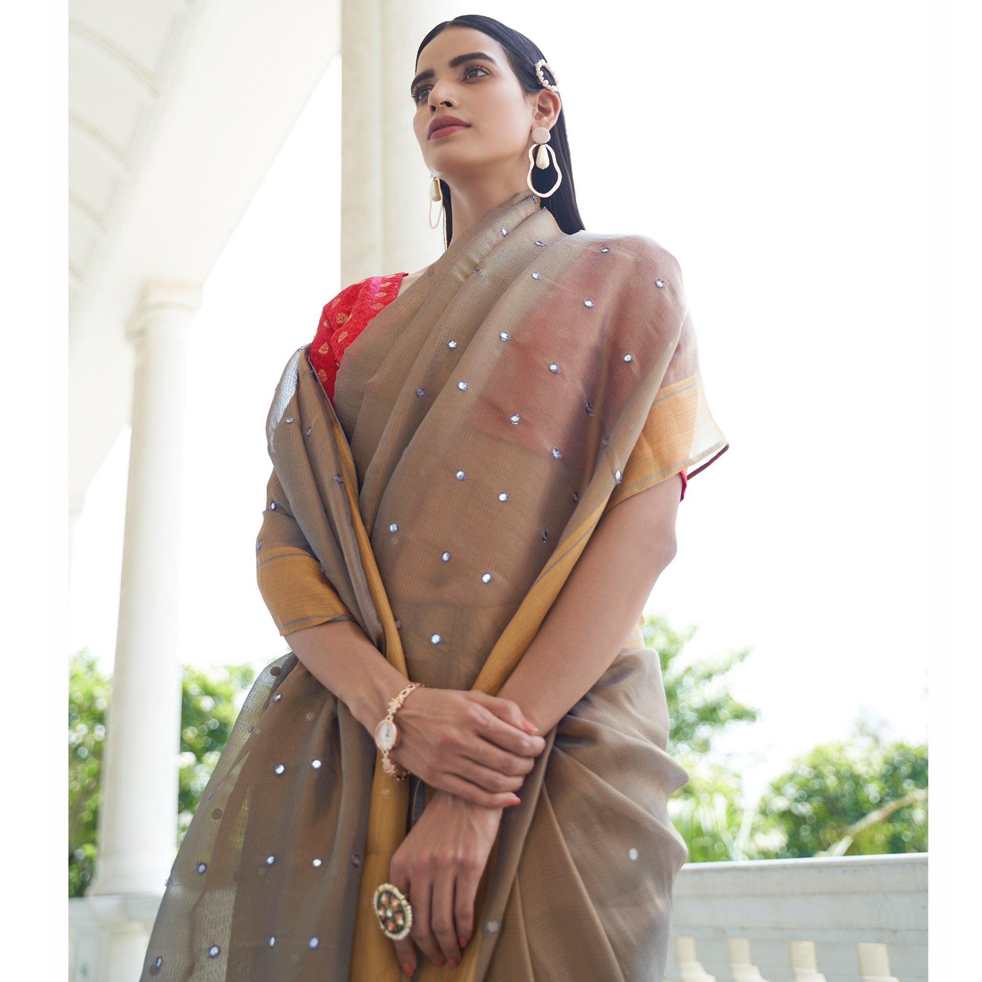 Light Beige Festive Wear Mirror Work Handloom Silk Saree - Peachmode
