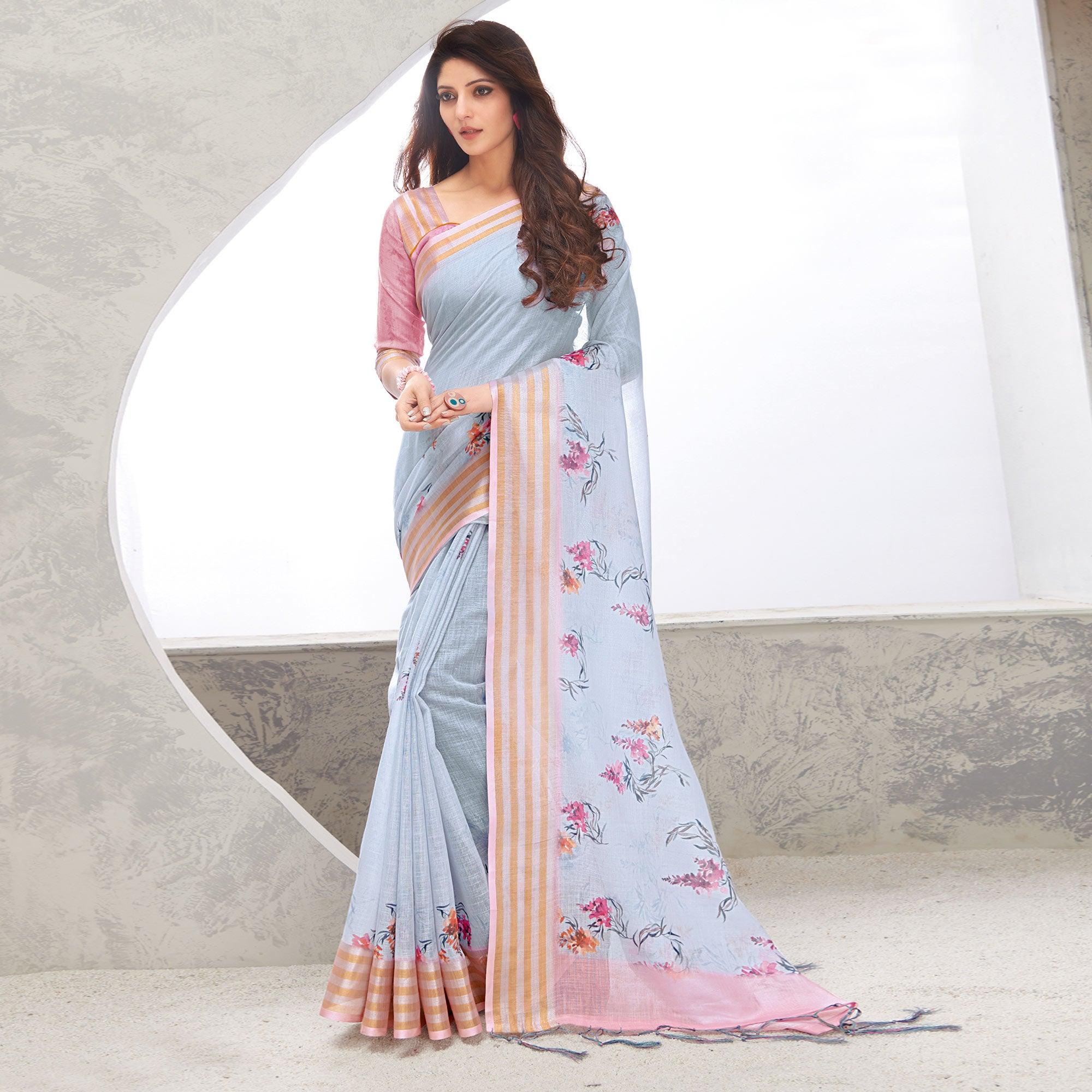 Light Blue Casual Wear Digital Printed Pure Linen Saree - Peachmode
