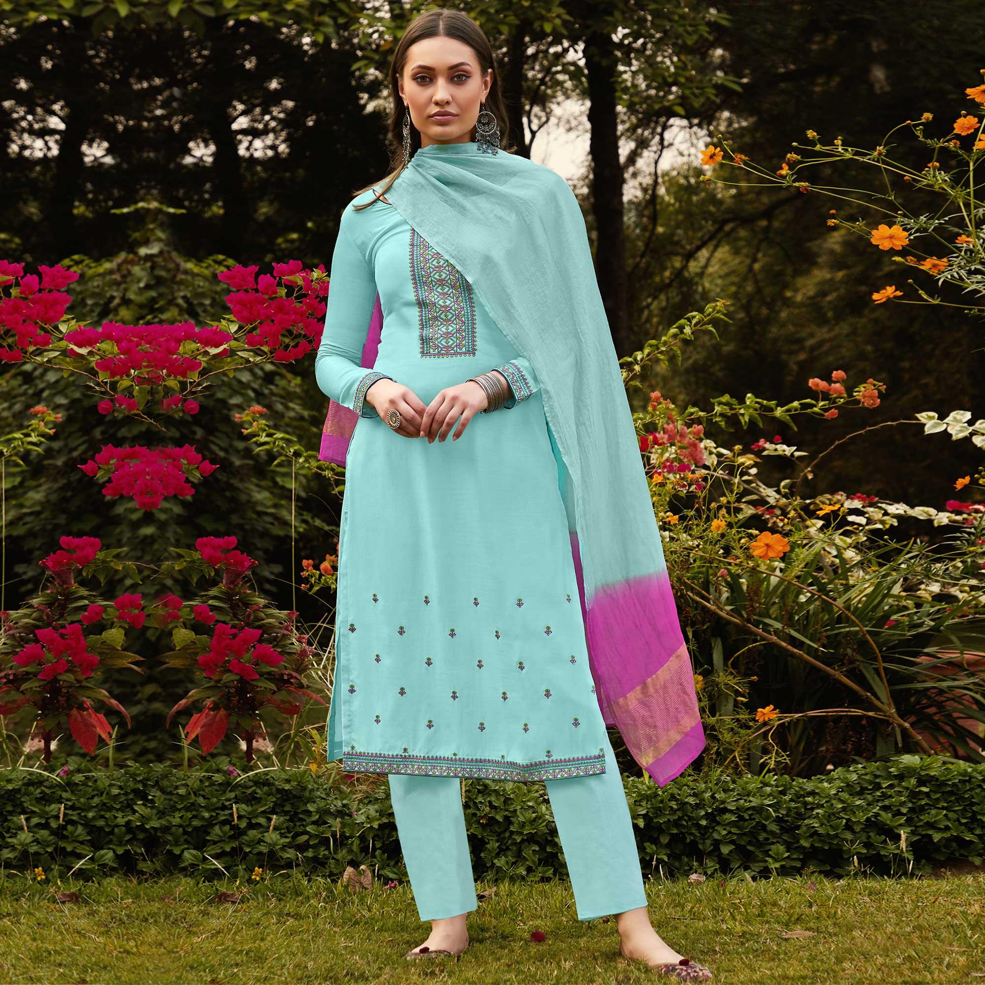 Light Blue Casual Wear Embroidered Georgette Suit - Peachmode