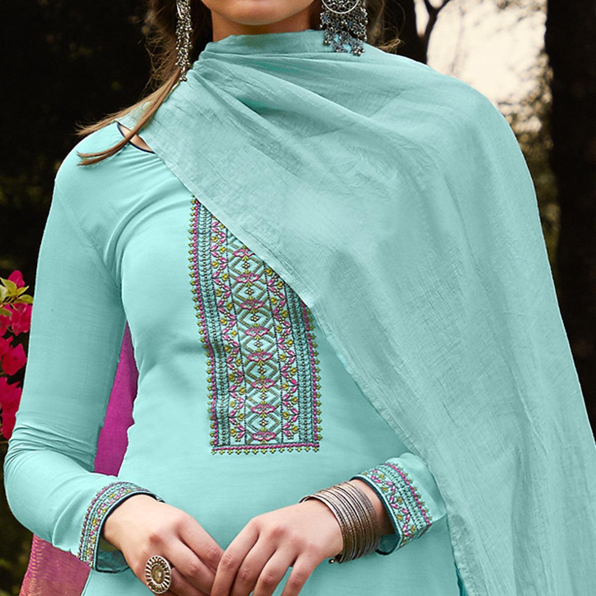 Light Blue Casual Wear Embroidered Georgette Suit - Peachmode
