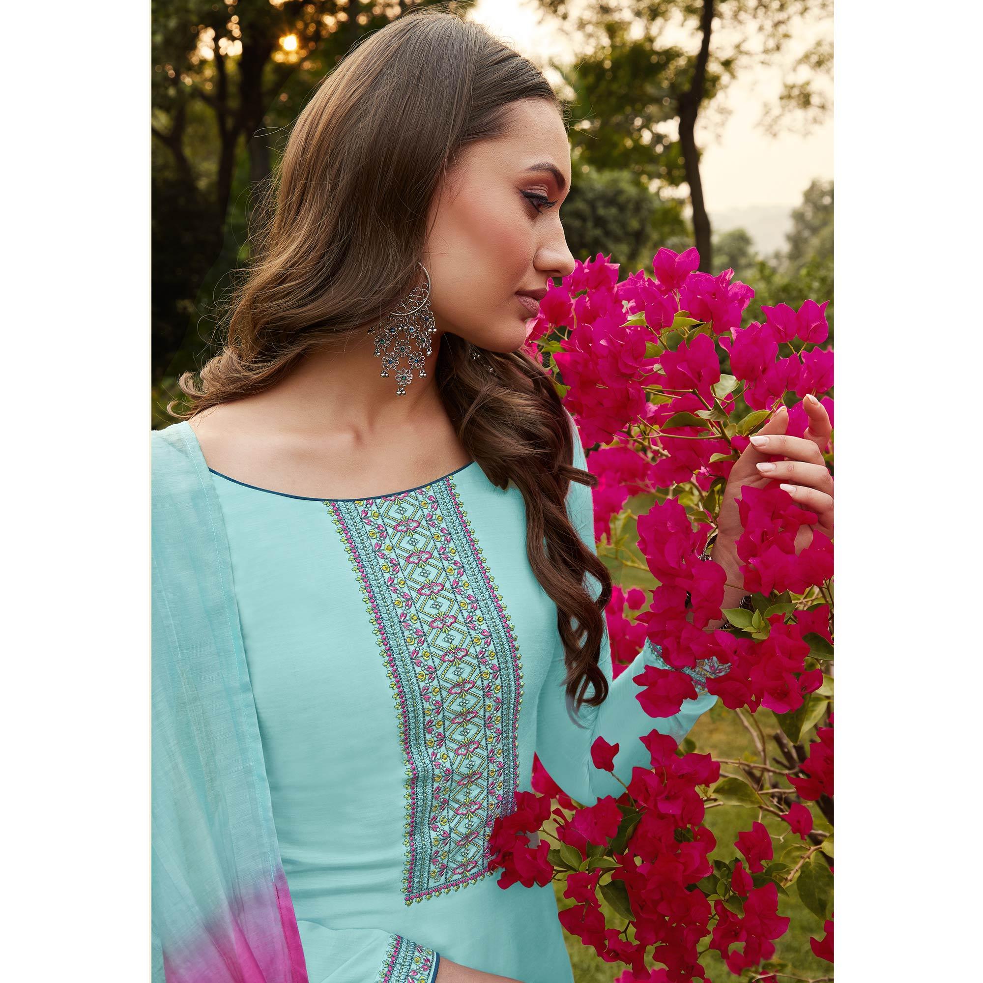 Light Blue Casual Wear Embroidered Georgette Suit - Peachmode