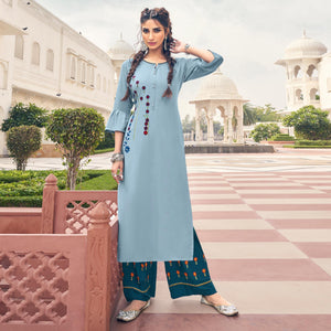 Light Blue Casual Wear Embroidered Heavy Rayon Kurti - Palazzo Set - Peachmode