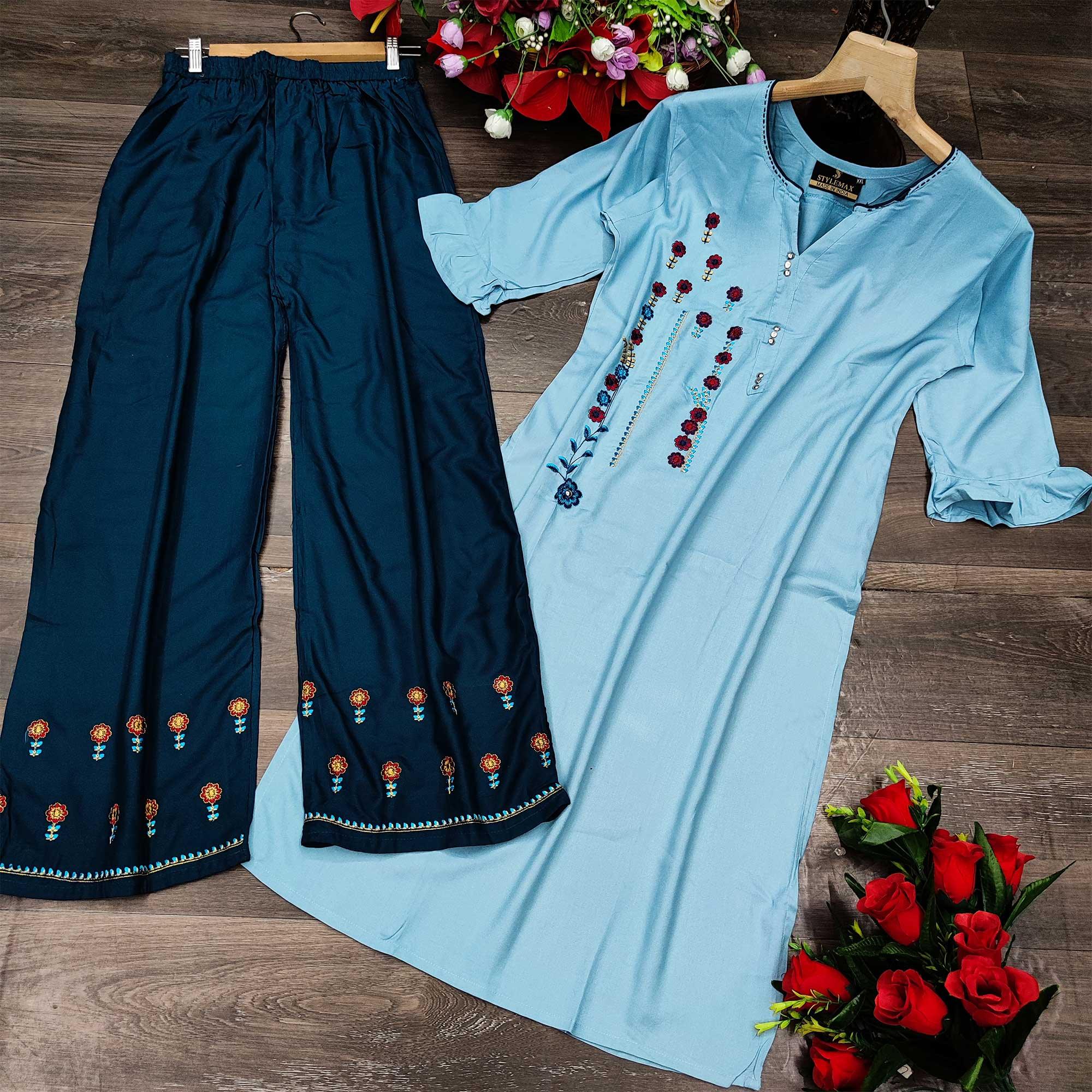 Light Blue Casual Wear Embroidered Heavy Rayon Kurti - Palazzo Set - Peachmode