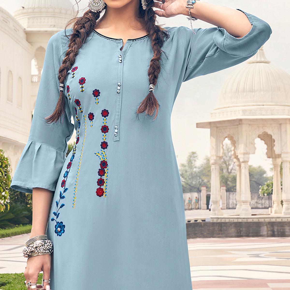 Light Blue Casual Wear Embroidered Heavy Rayon Kurti - Palazzo Set - Peachmode