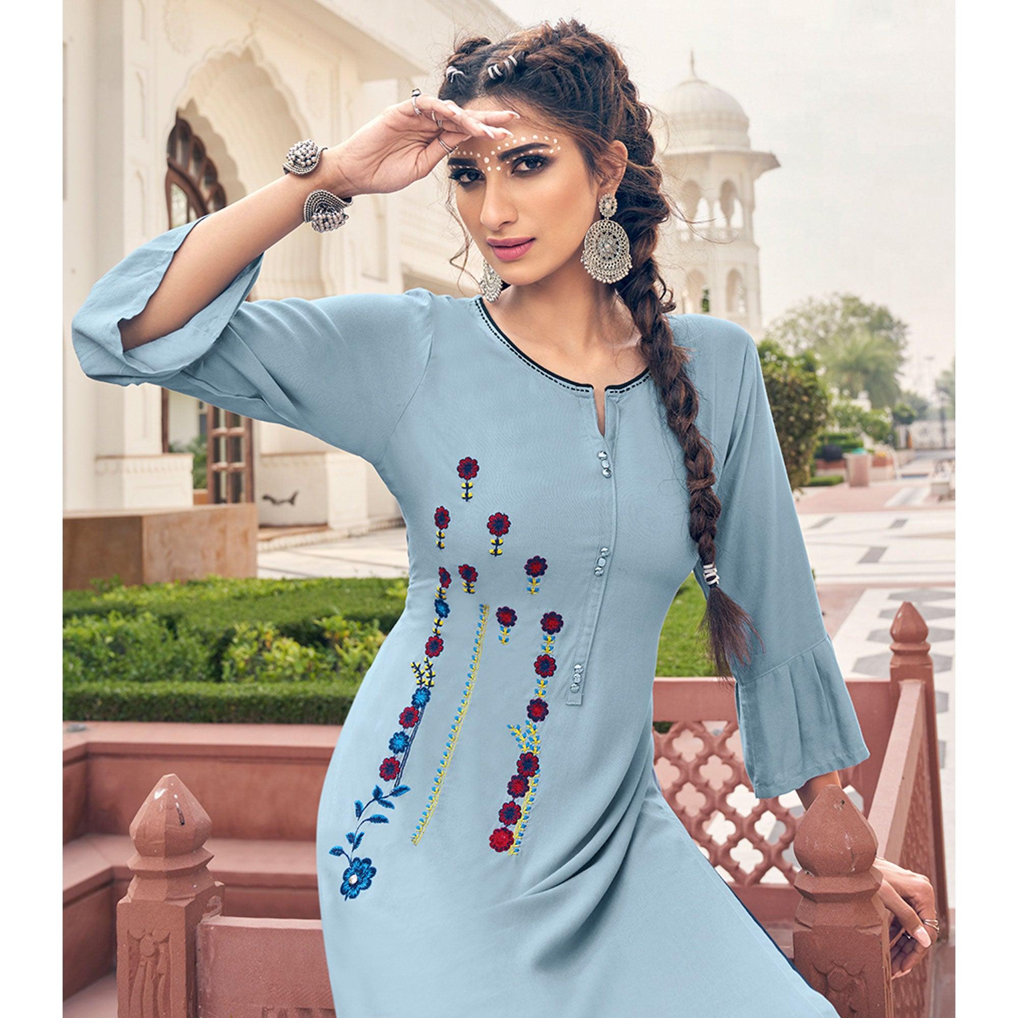 Light Blue Casual Wear Embroidered Heavy Rayon Kurti - Palazzo Set - Peachmode