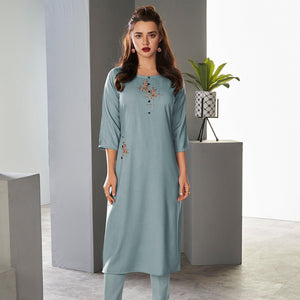 Light Blue Casual Wear Embroidered Pure Viscose Kurti - Peachmode