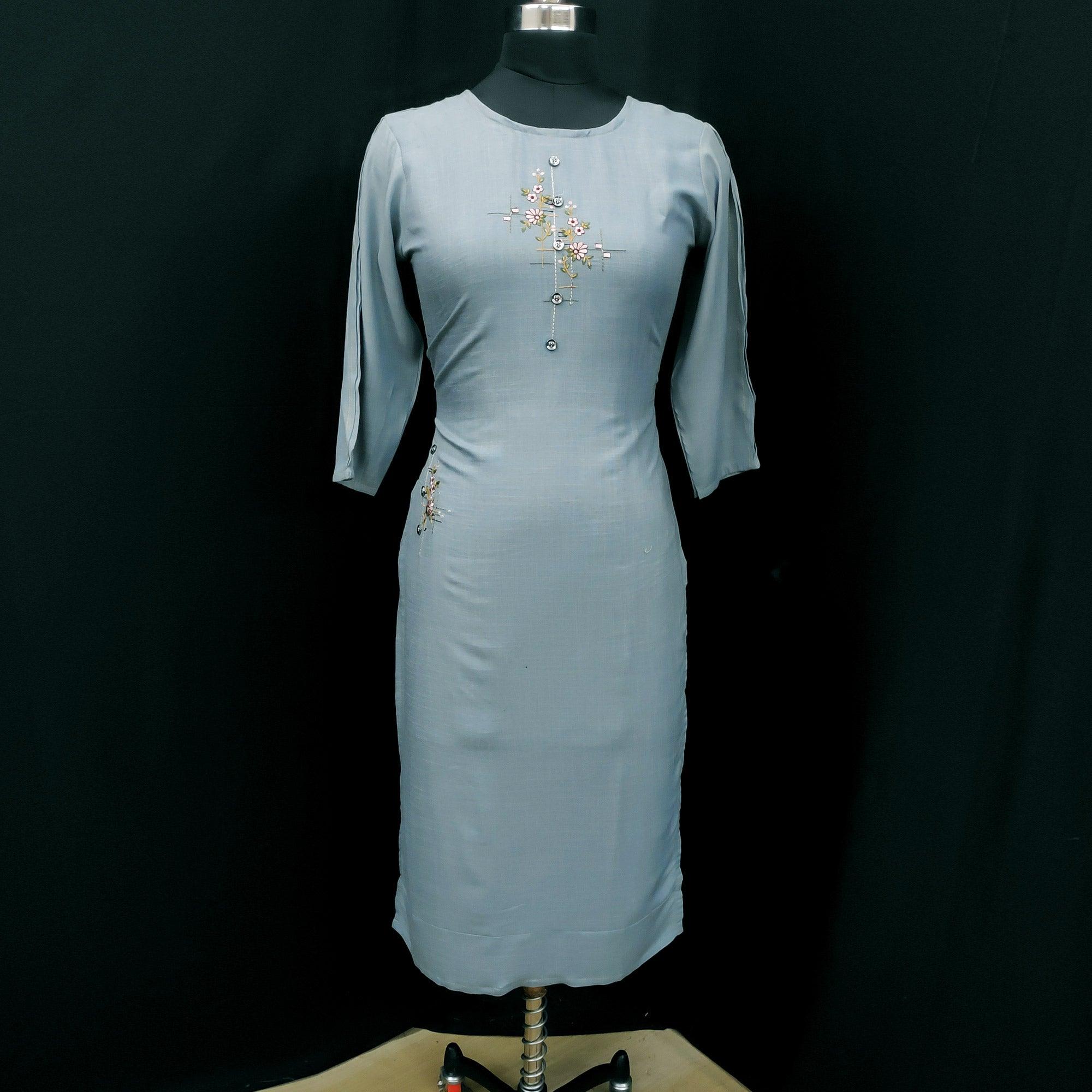 Light Blue Casual Wear Embroidered Pure Viscose Kurti - Peachmode