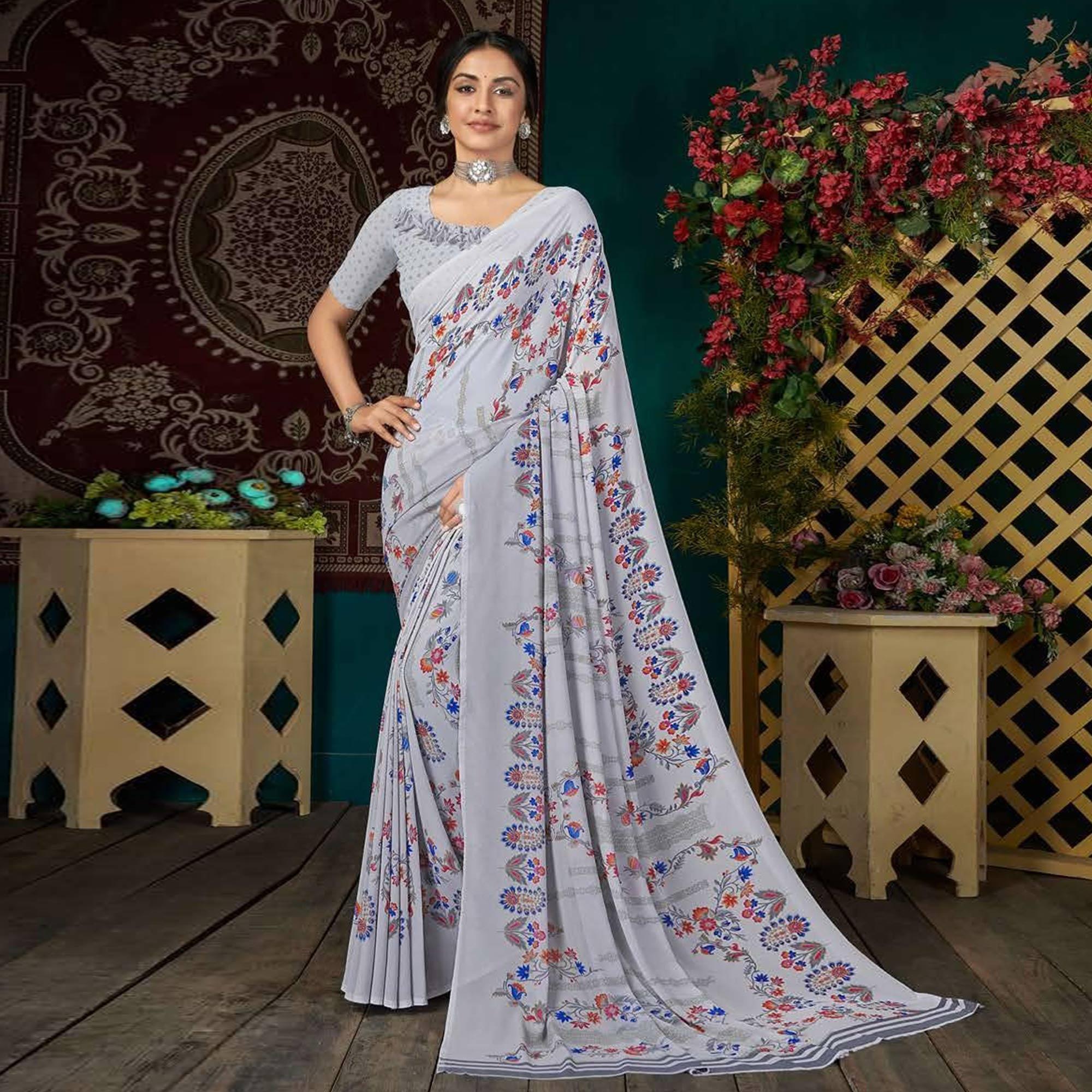 Light Blue Casual Wear Floral Digital Printed Georgette Saree - Peachmode