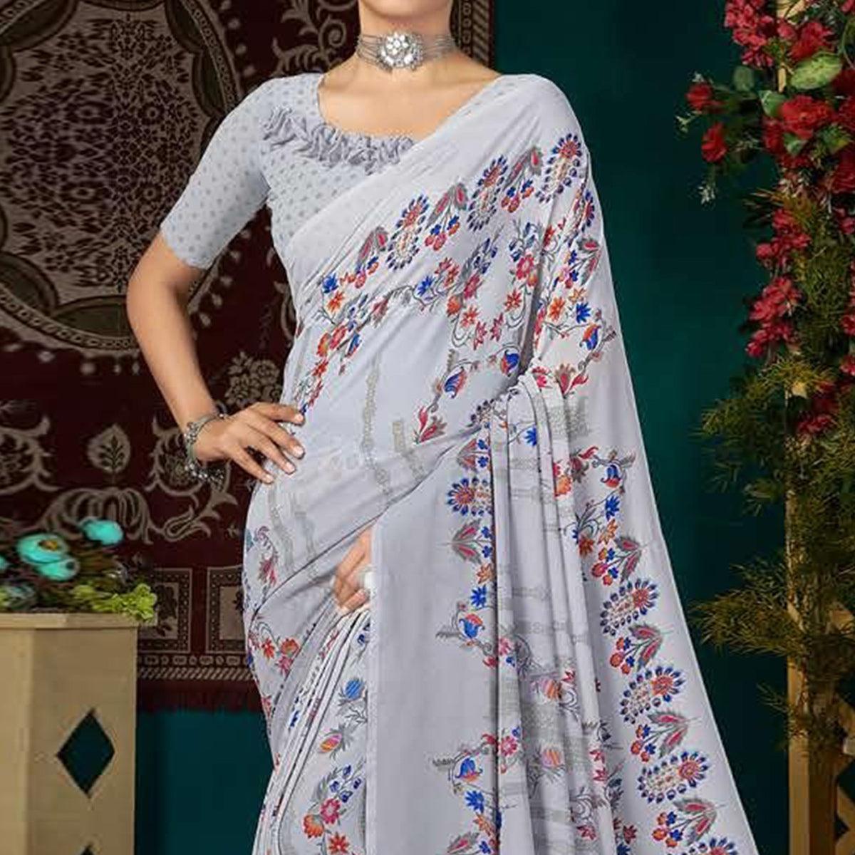 Light Blue Casual Wear Floral Digital Printed Georgette Saree - Peachmode