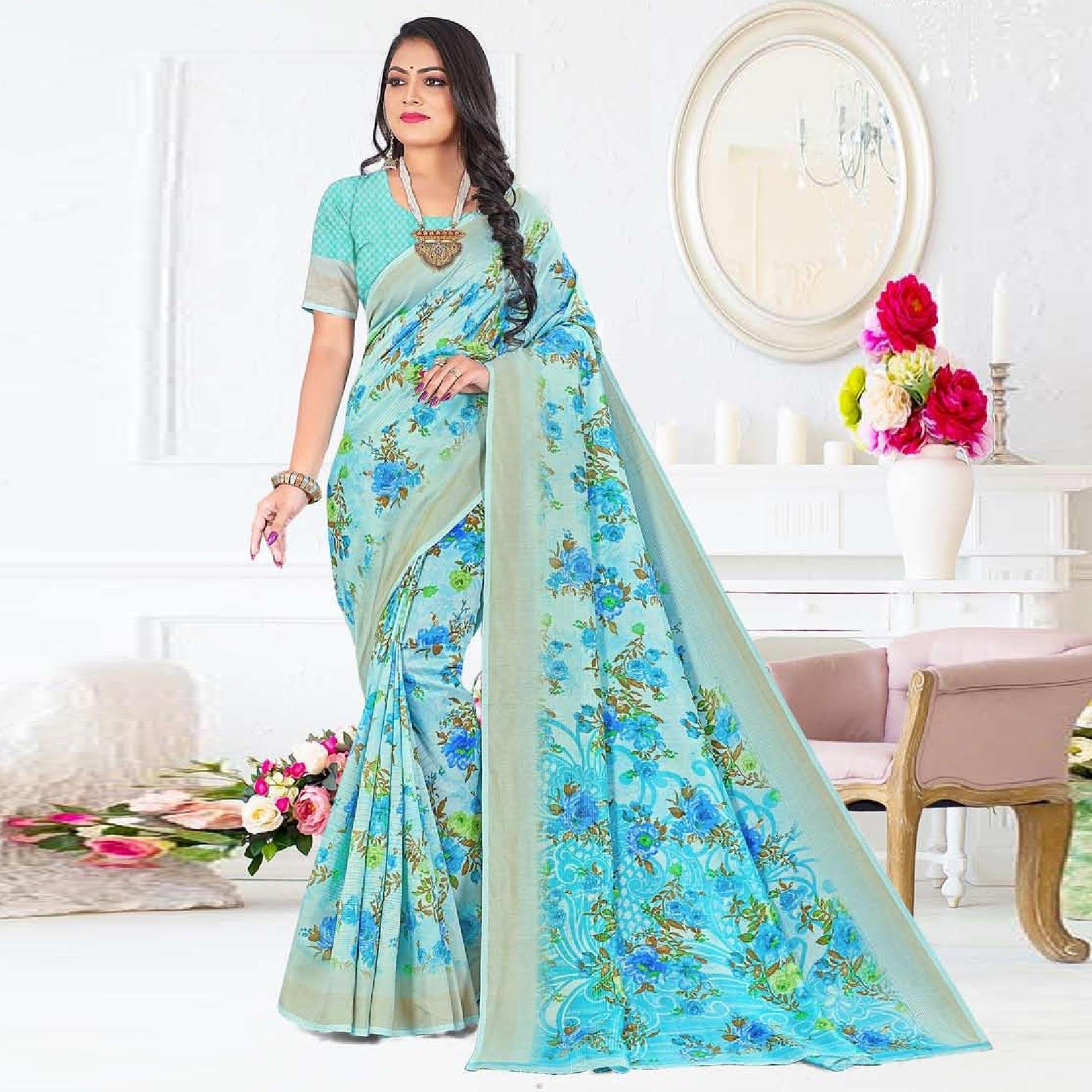 Light Blue Casual Wear Floral Digital Printed Soft Silk Saree - Peachmode