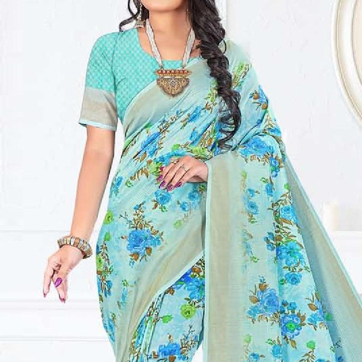Light Blue Casual Wear Floral Digital Printed Soft Silk Saree - Peachmode