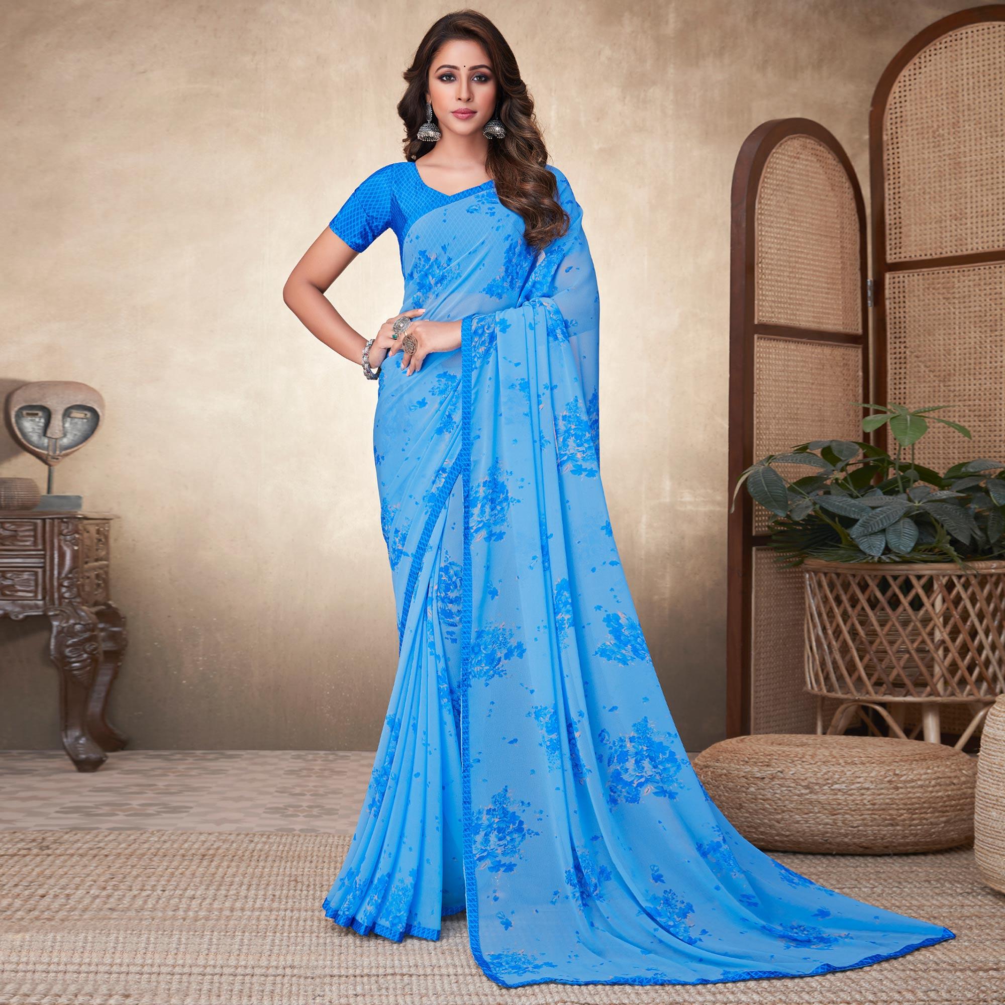 Light Blue Casual Wear Floral Printed Georgette Saree - Peachmode