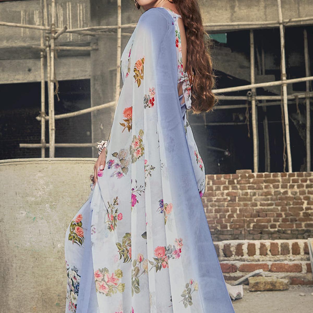 Light Blue Casual Wear Floral Printed Georgette Saree - Peachmode