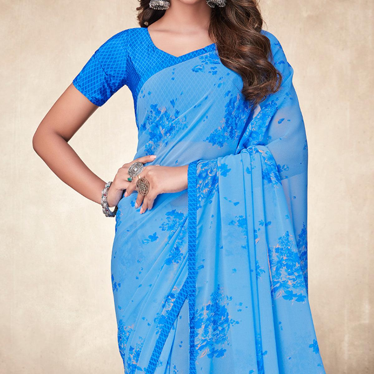 Light Blue Casual Wear Floral Printed Georgette Saree - Peachmode