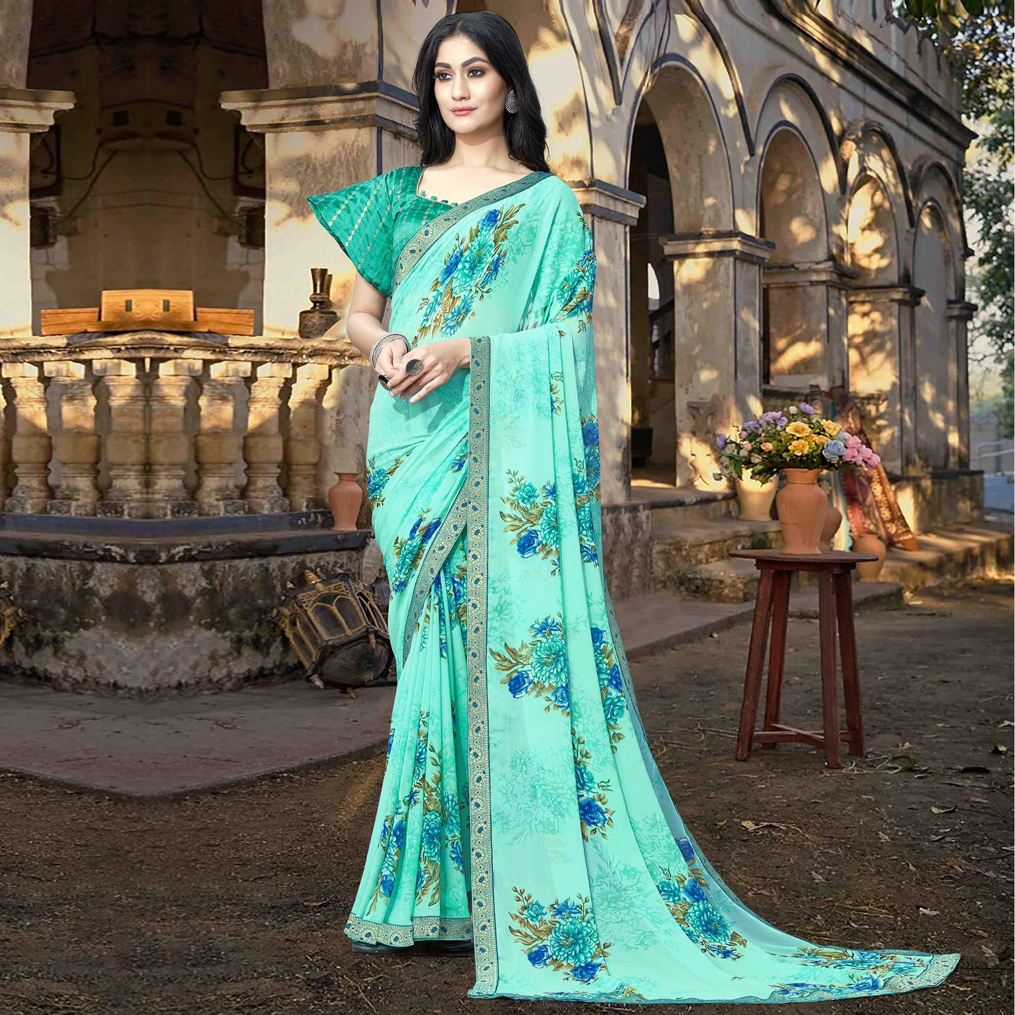 Light Blue Casual Wear Floral Printed Georgette Saree With Lace Border - Peachmode