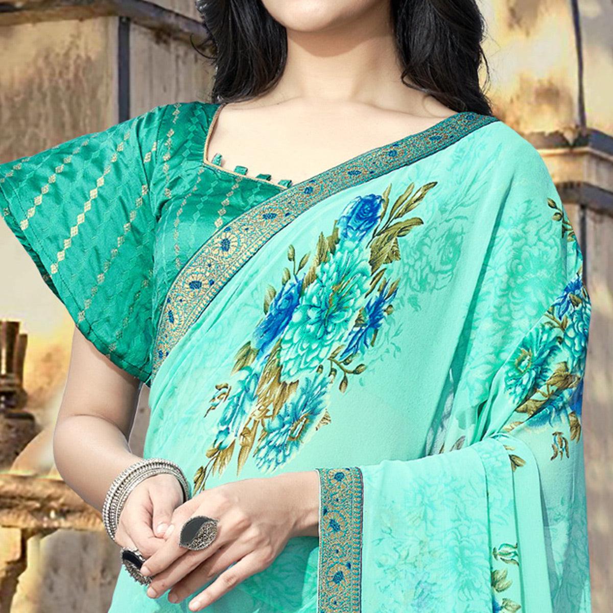 Light Blue Casual Wear Floral Printed Georgette Saree With Lace Border - Peachmode
