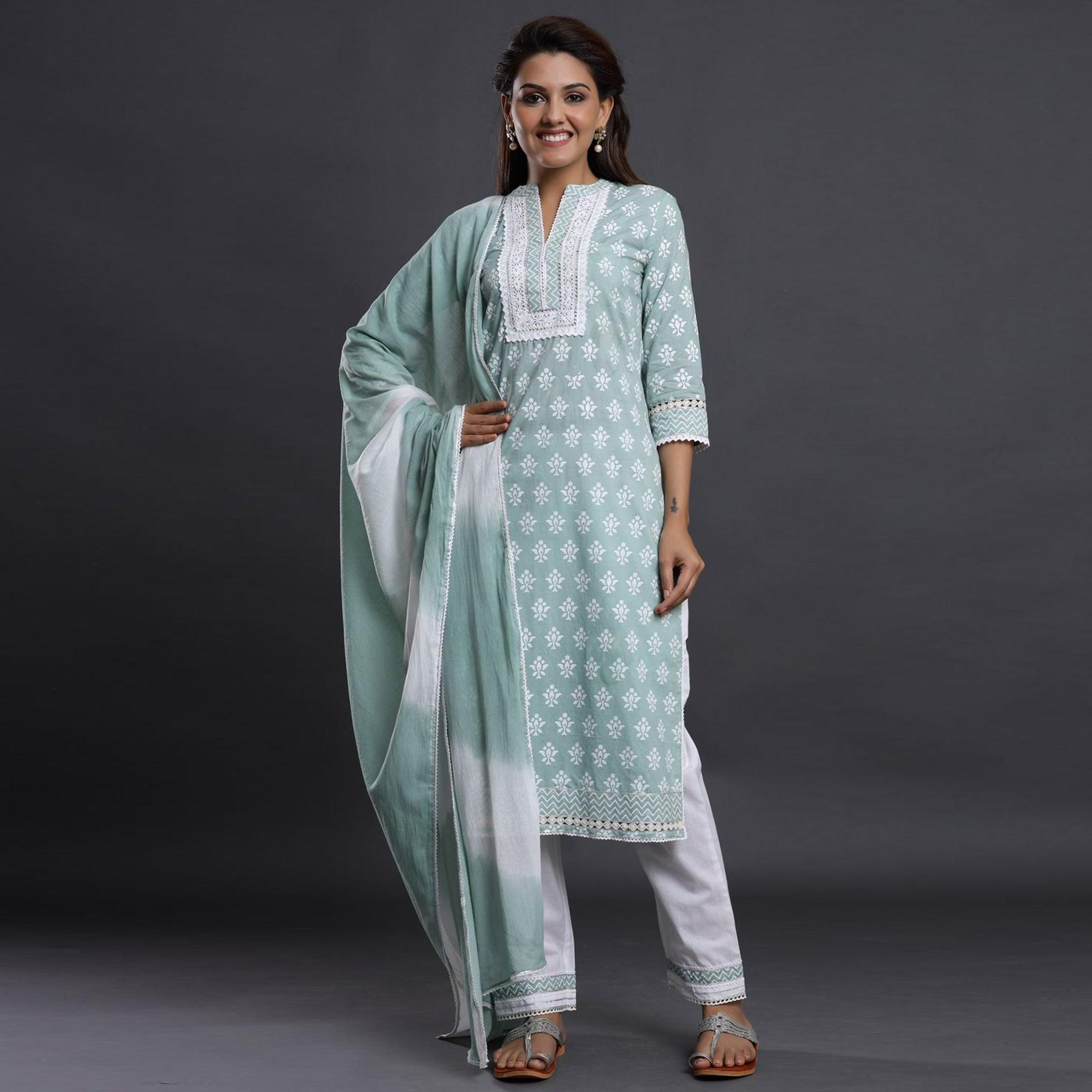 Light Blue Casual Wear Printed Cotton Kurti - Pant Set With Dupatta - Peachmode