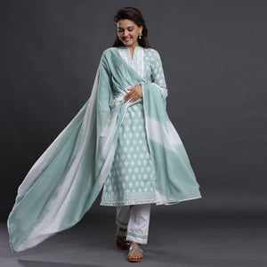 Light Blue Casual Wear Printed Cotton Kurti - Pant Set With Dupatta - Peachmode