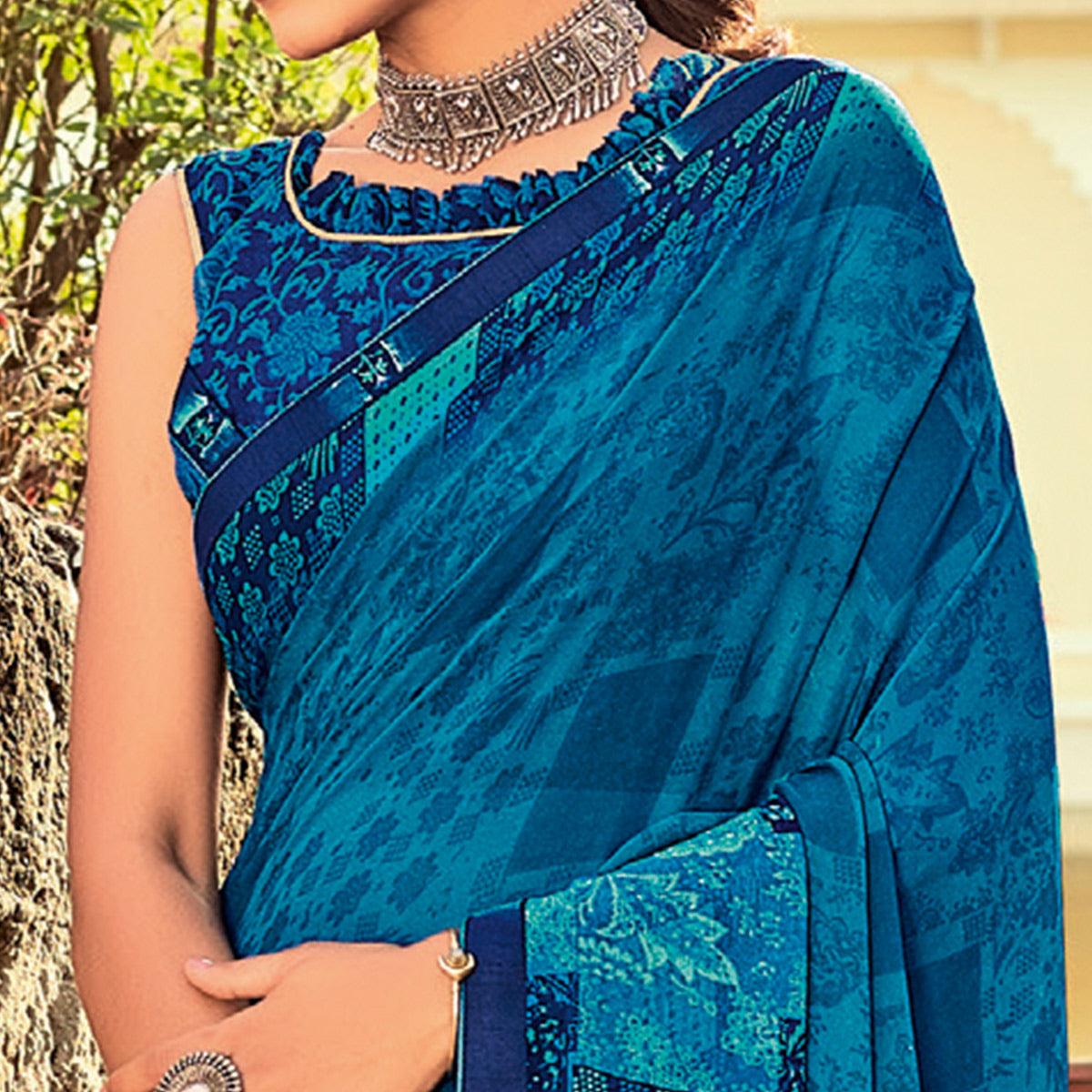 Light Blue Casual Wear Printed Georgette Saree - Peachmode
