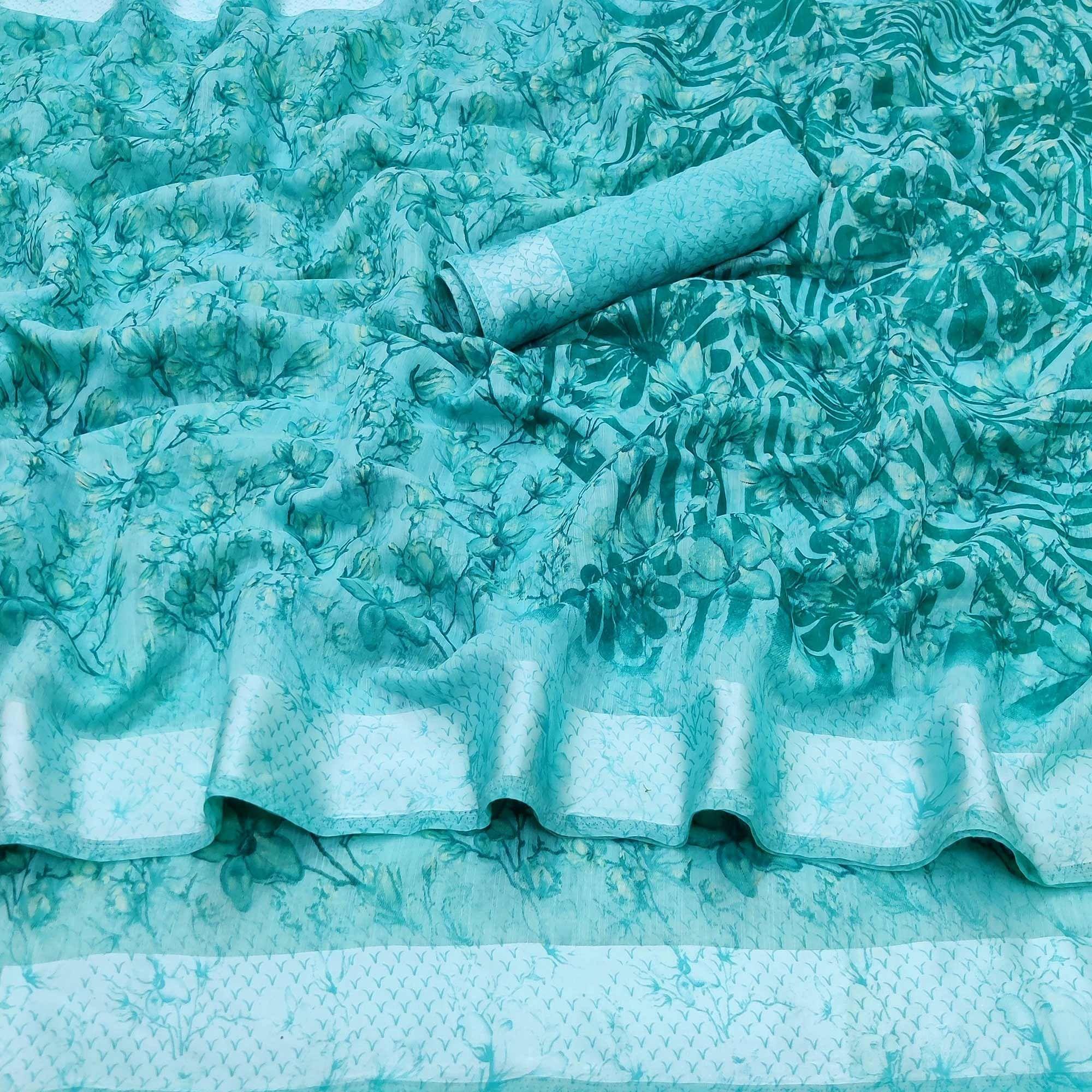 Light Blue Casual Wear Printed Linen Cotton Saree - Peachmode