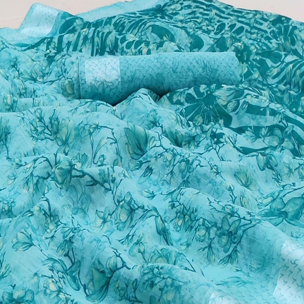 Light Blue Casual Wear Printed Linen Cotton Saree - Peachmode