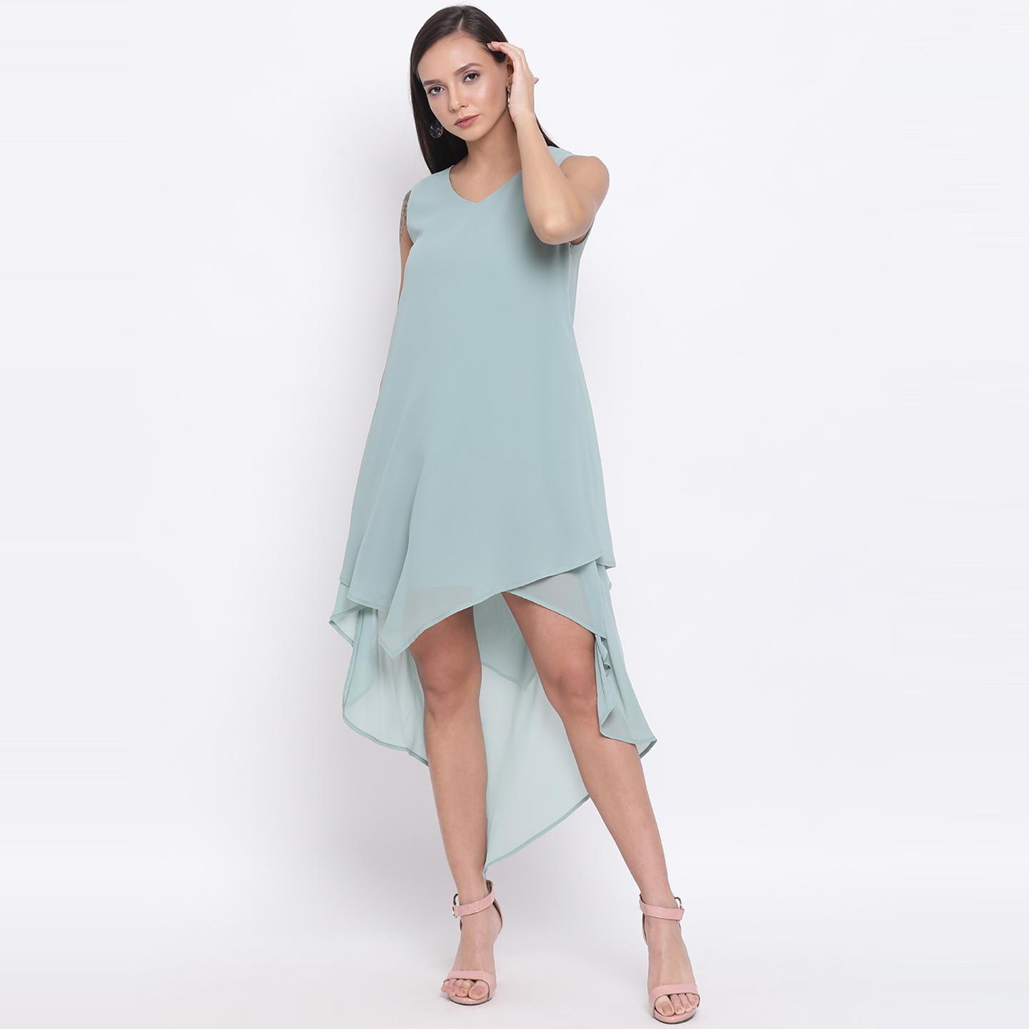 Light Blue Colored Casual Wear Polyester Falre Dress - Peachmode