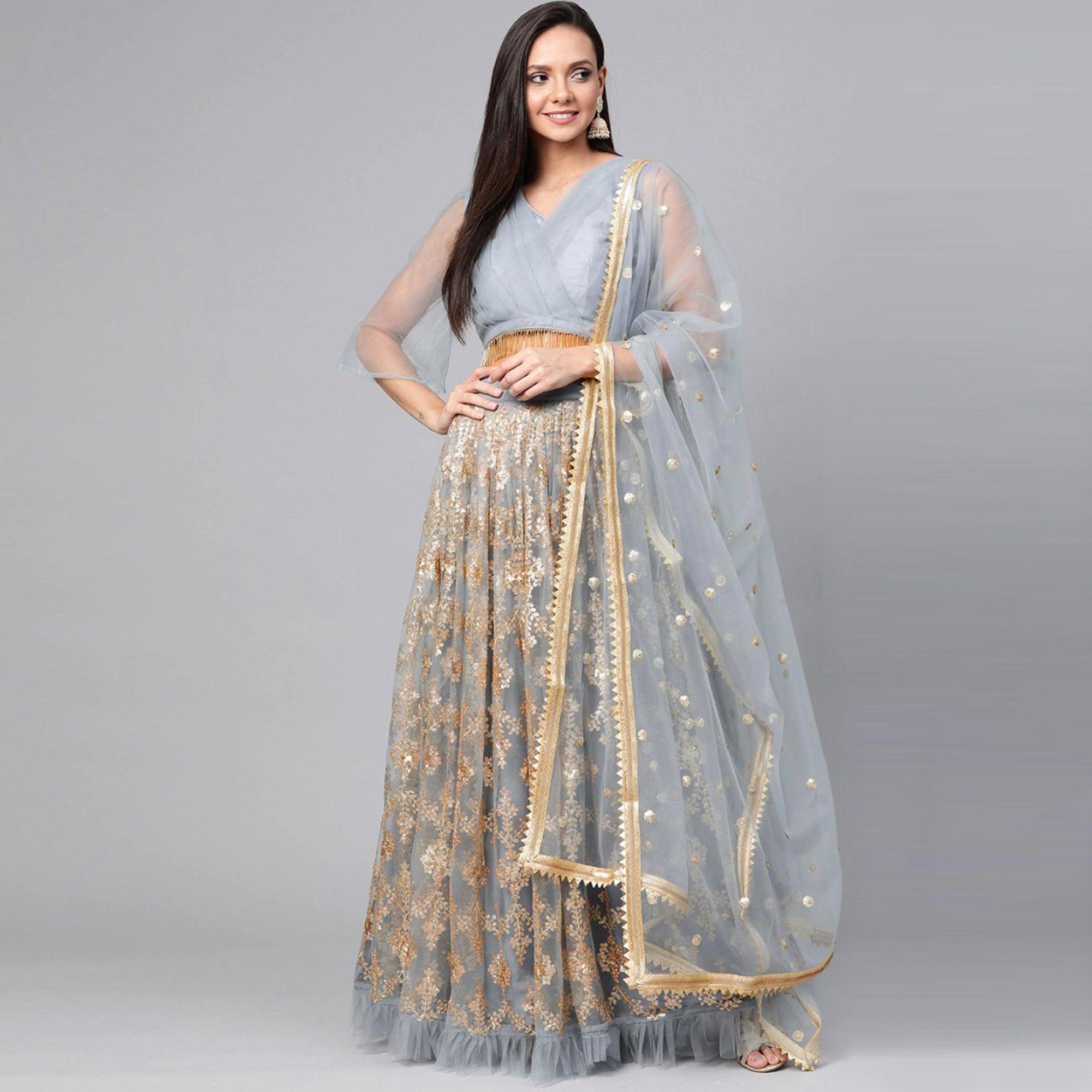 Light Blue Designer Wedding Wear Thread Zari Work Soft Net Lehenga Choli - Peachmode