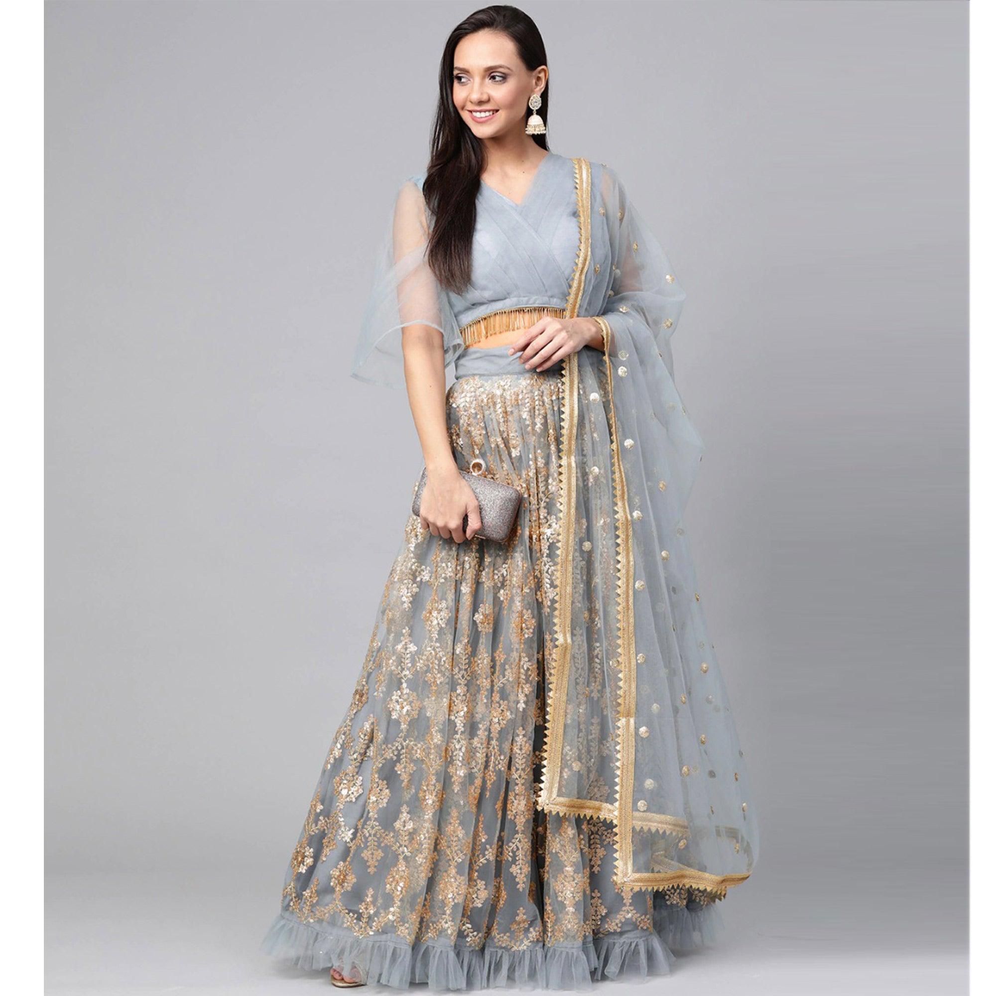 Light Blue Designer Wedding Wear Thread Zari Work Soft Net Lehenga Choli - Peachmode