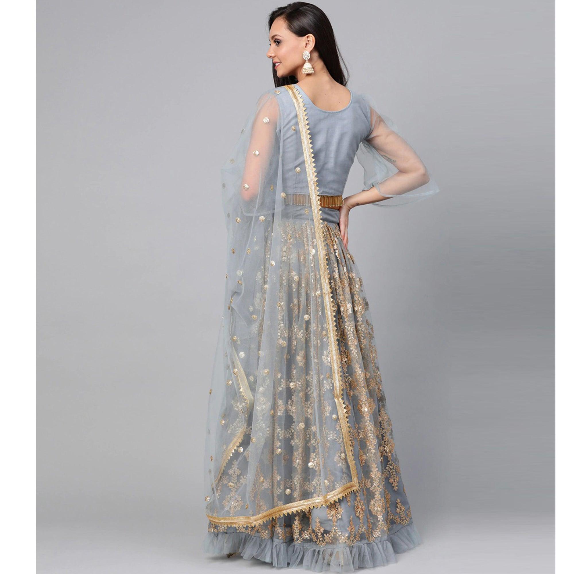 Light Blue Designer Wedding Wear Thread Zari Work Soft Net Lehenga Choli - Peachmode