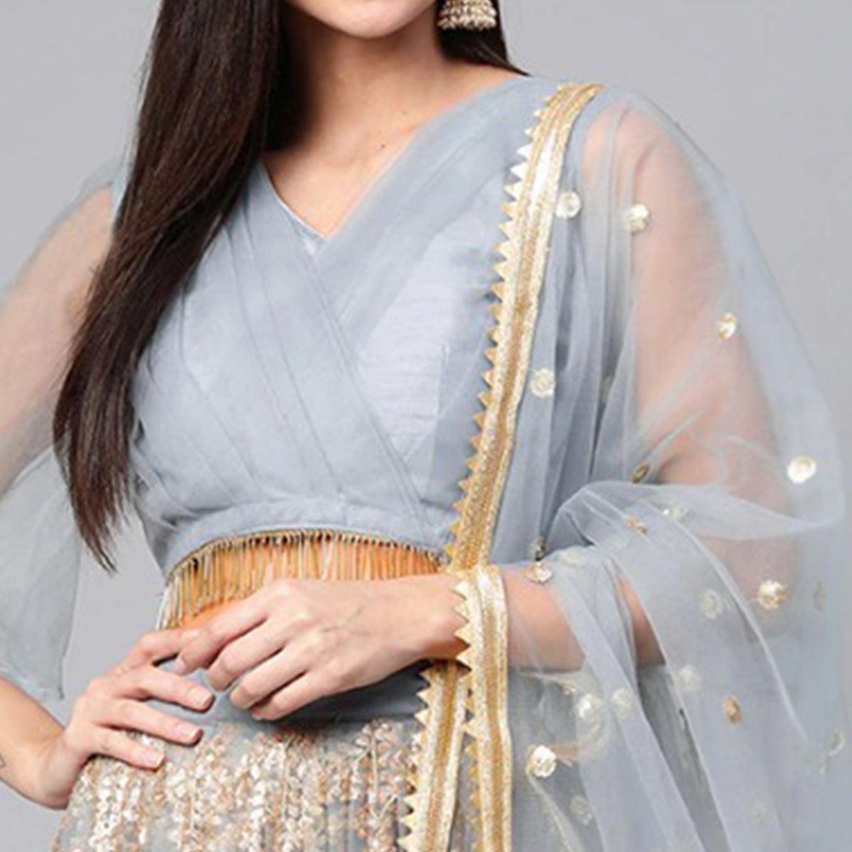 Light Blue Designer Wedding Wear Thread Zari Work Soft Net Lehenga Choli - Peachmode