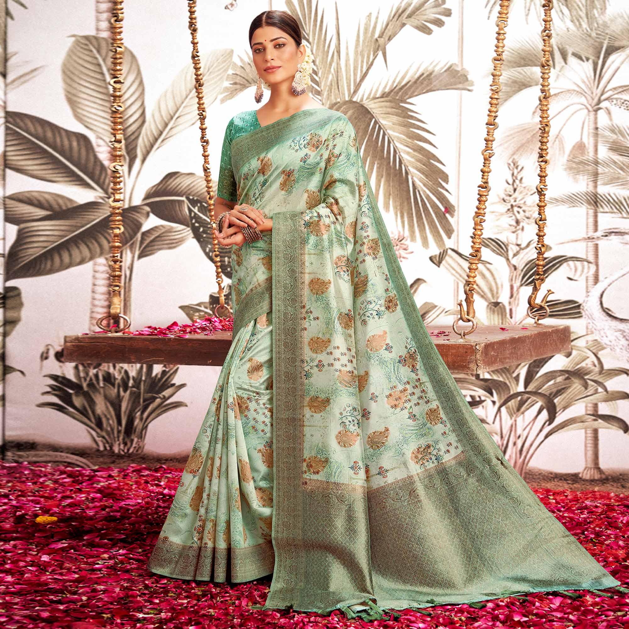 Light Blue Digital Printed Art Silk Saree With Tassels - Peachmode
