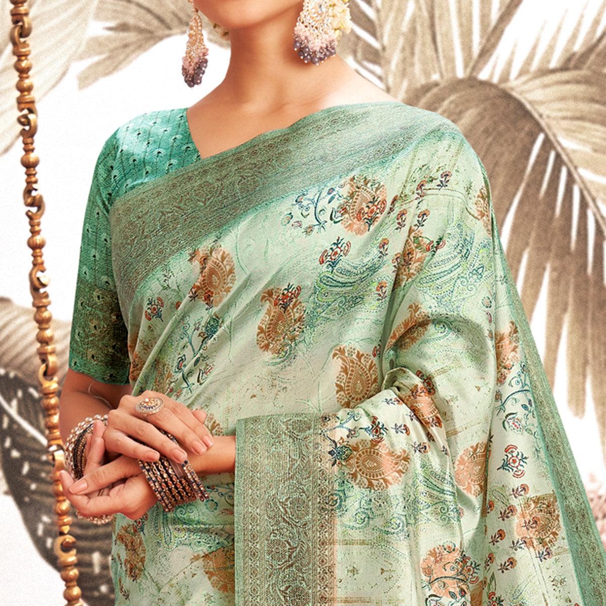 Light Blue Digital Printed Art Silk Saree With Tassels - Peachmode