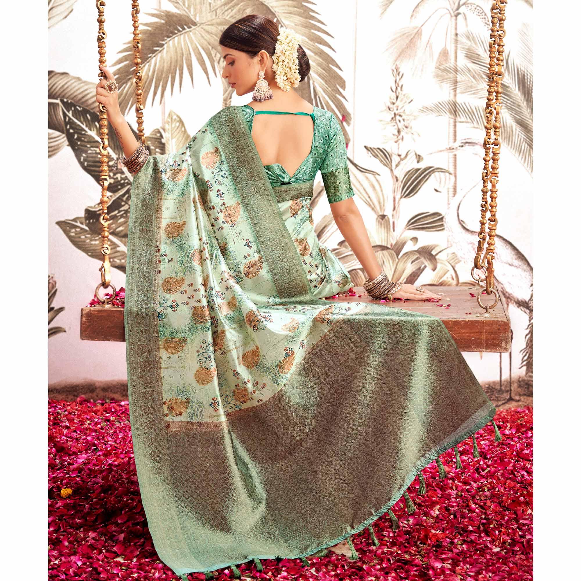 Light Blue Digital Printed Art Silk Saree With Tassels - Peachmode