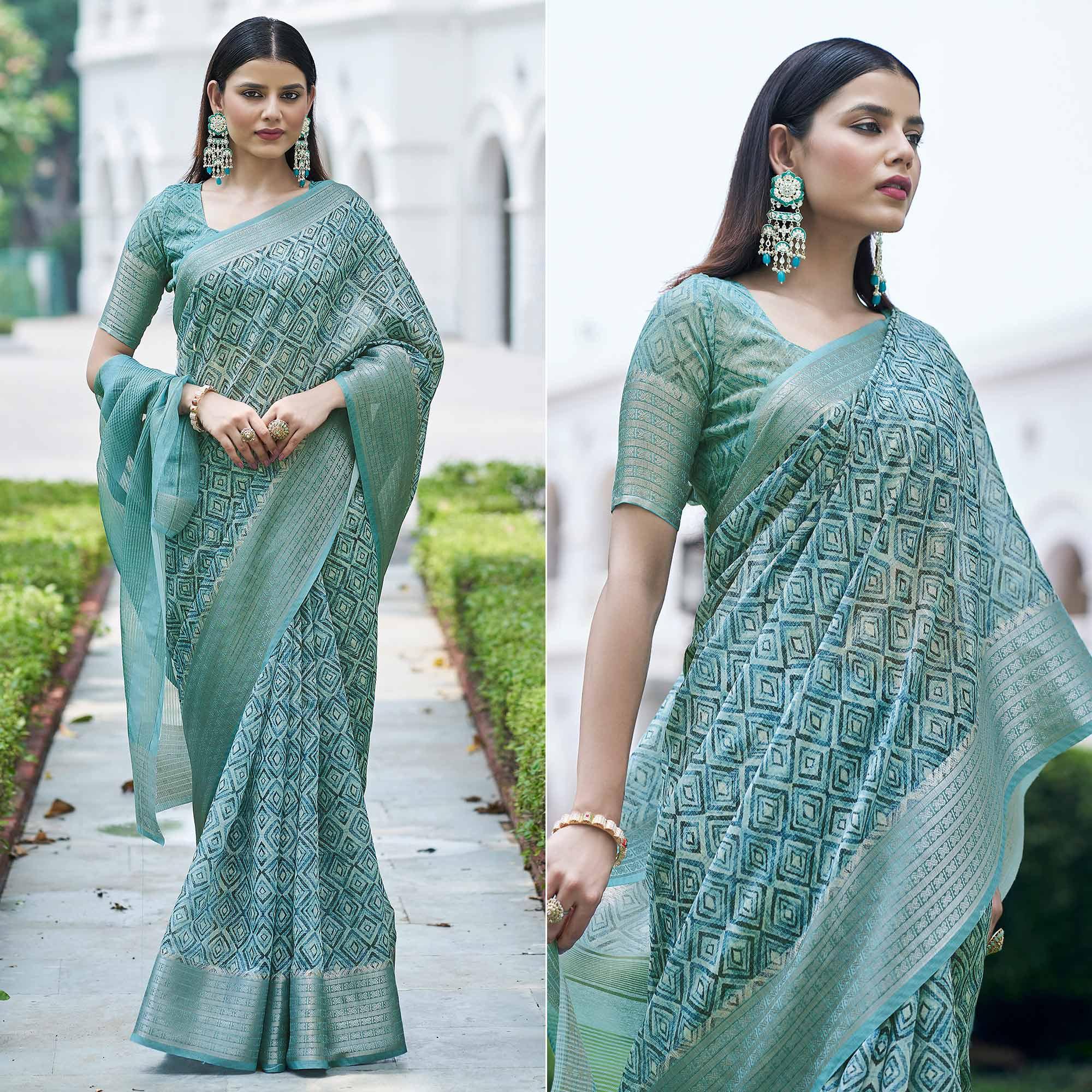 Light Blue Digital Printed Linen Saree - Peachmode