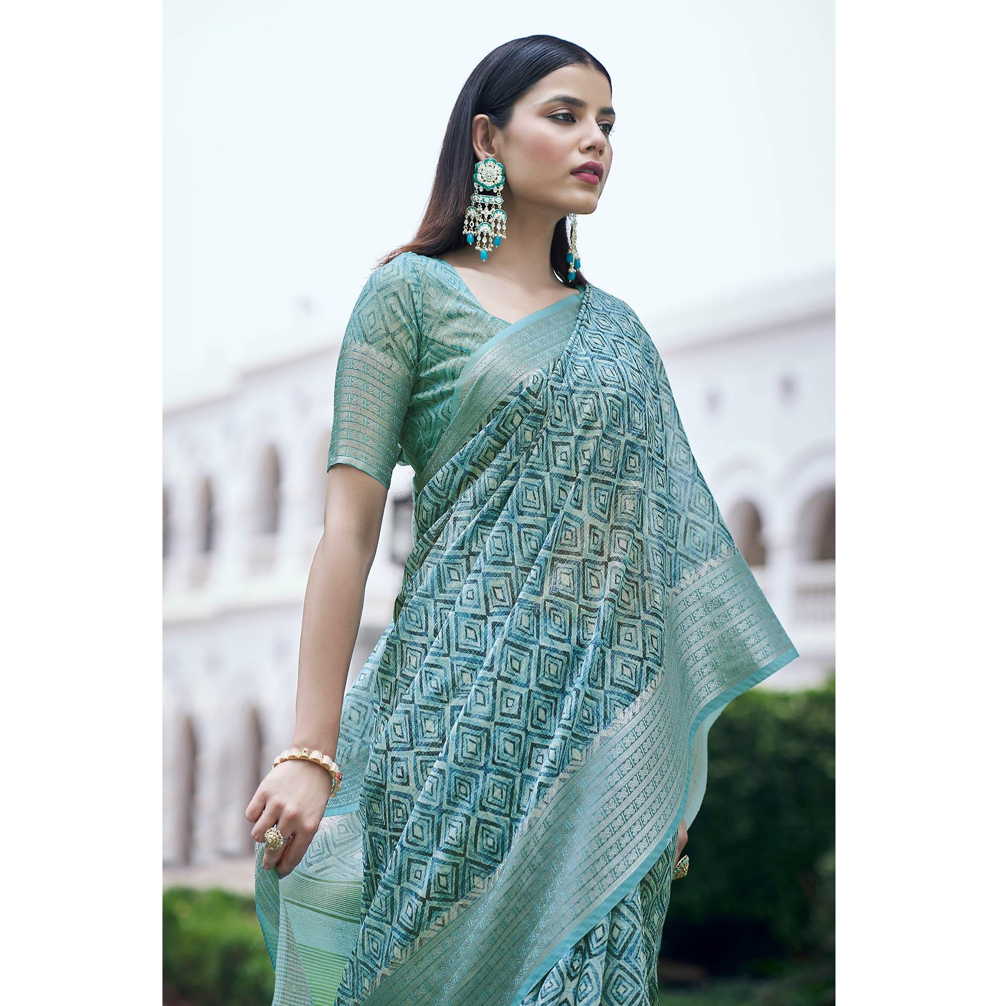 Light Blue Digital Printed Linen Saree - Peachmode