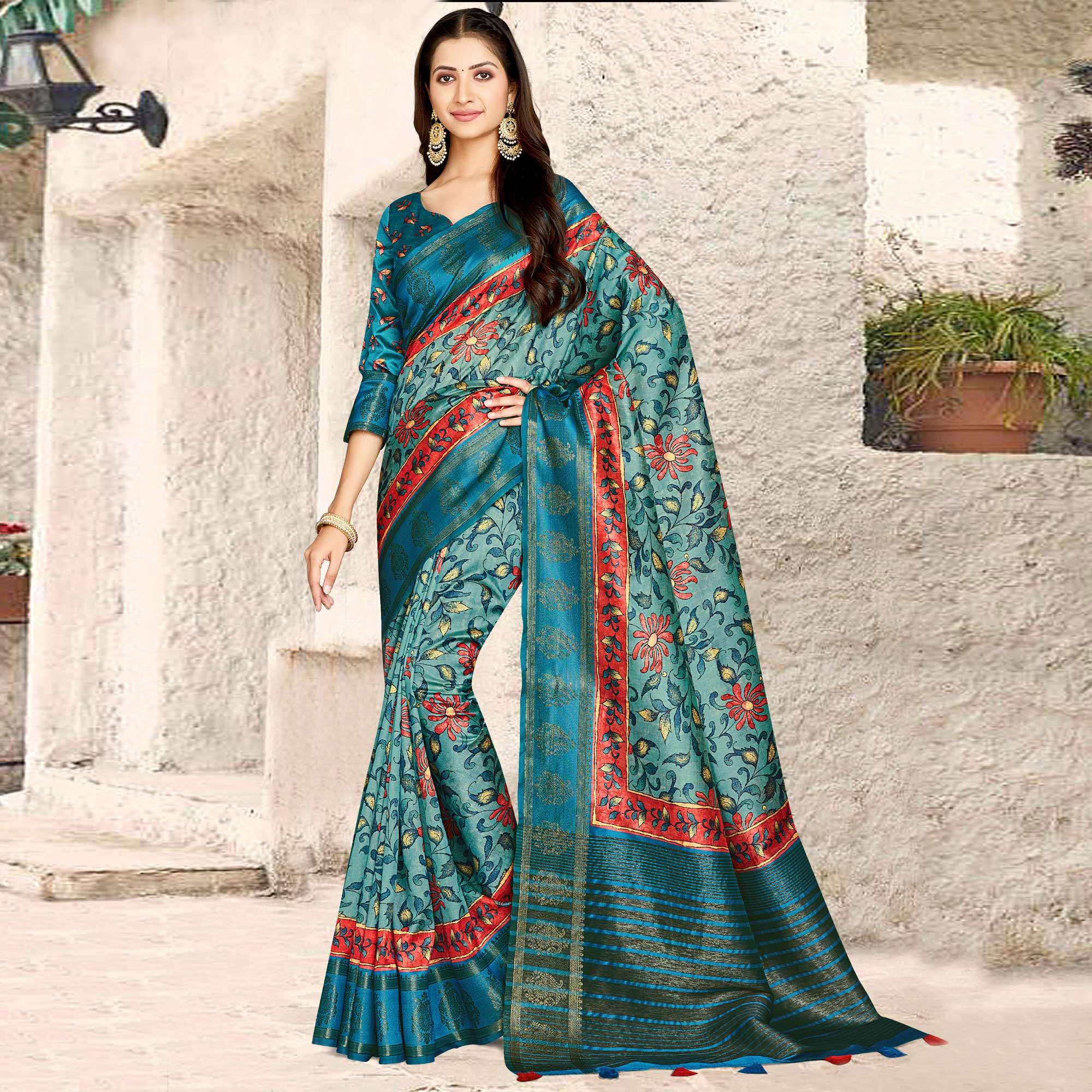 Light Blue Digital Printed Tussar Silk Saree With Tassels - Peachmode