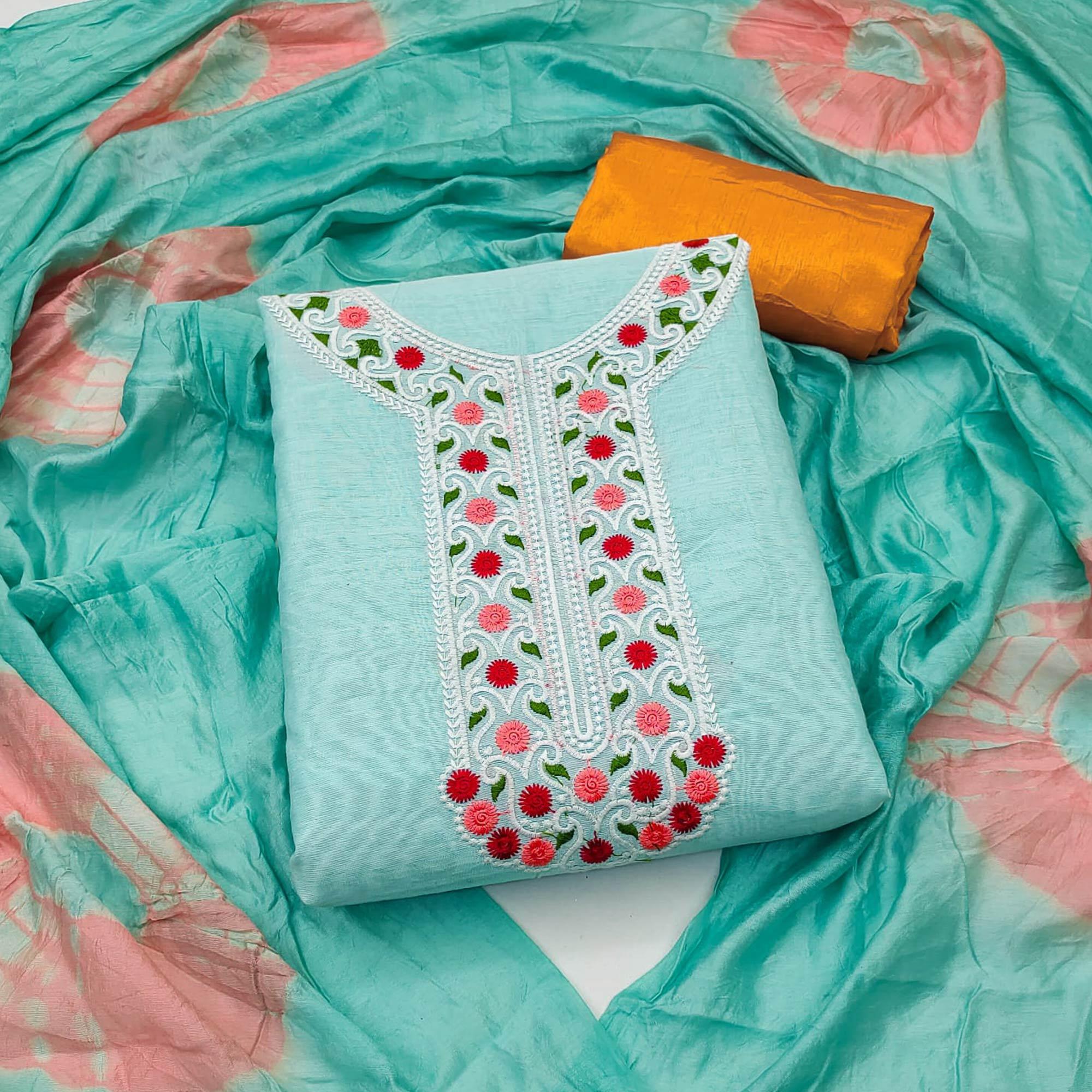 Light Blue Embroidered Chanderi Dress Material - Peachmode