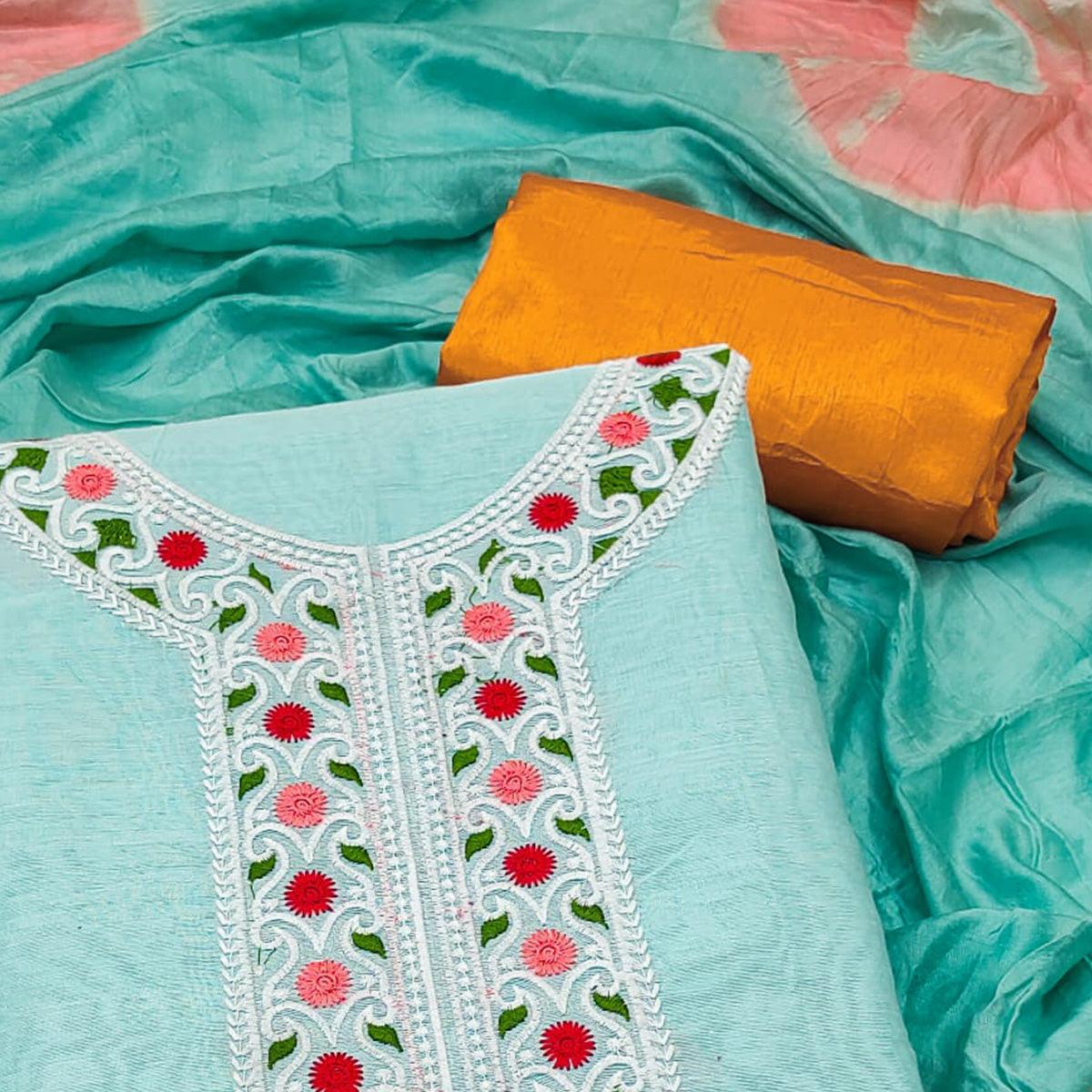 Light Blue Embroidered Chanderi Dress Material - Peachmode